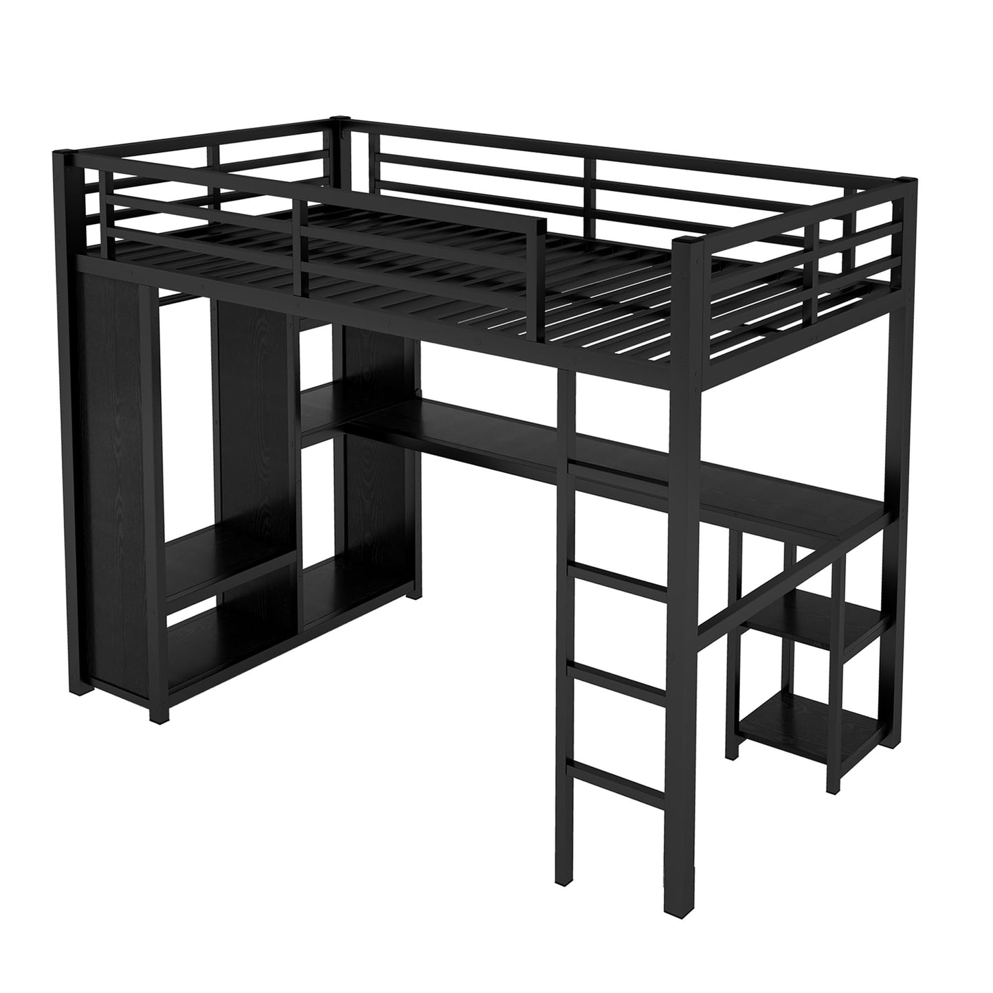 Twin XL Loft Bed with Desk and Storage Shelves, Twin XL Loft Bed with Wardrobe and Hanging Rod, Game Loft Bed with Guardrail and Ladder(Twin XL Balck)