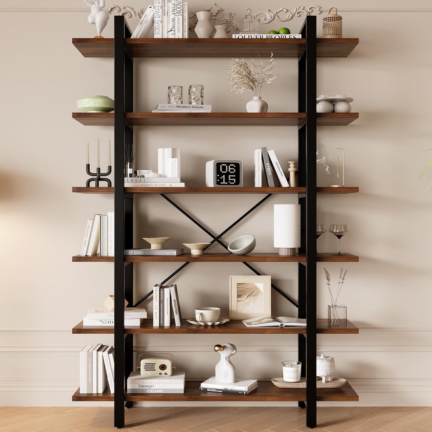 LZ-DONGMAN Bookshelf, Industrial Style Bookcase, Book Rack, Storage Rack Shelves in Living Room/Home/Office, Books Holder Organizer for Books/Movies (6-Tiers)