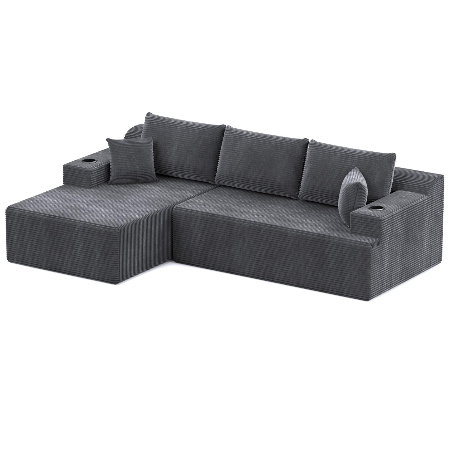 Eafurn 105" L-Shaped Compression Modular Sectional Sofa, Left Facing Corduroy Upholstered Boneless Couch in a Box with Chaise and 2 Cup Holders & Throw Pillows, No Assembly Required