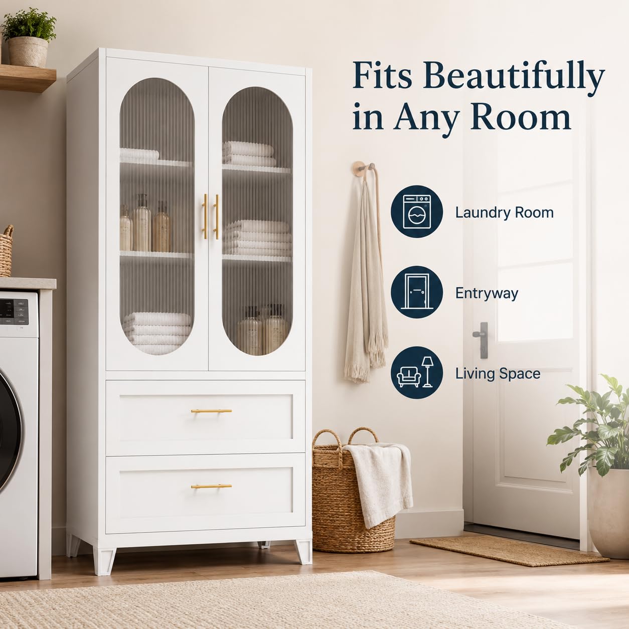 Garvee 74" H Storage Cabinet, Freestanding Pantry Cabinet, Frosted Glass Doors, Fluted Design, 4 Door Cabinet with Adjustable Shelf, Kitchen Bathroom Dining Room Living Room Office, White