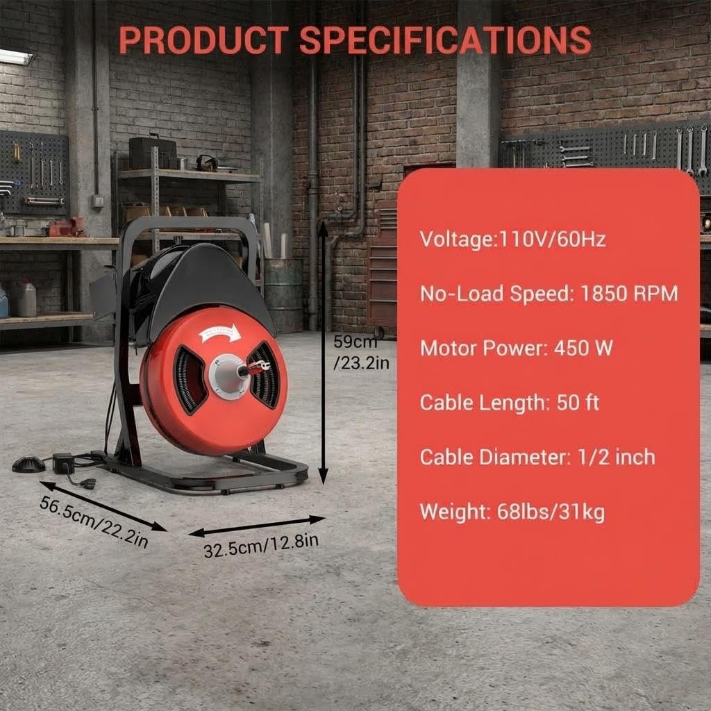 50ft x 1/2" Auto-Feed Drain Snake Cleaning Machine - 450W Electric Sewer Auger with 4 Cutters & Wheels for Sink, Toilet, Floor Drain