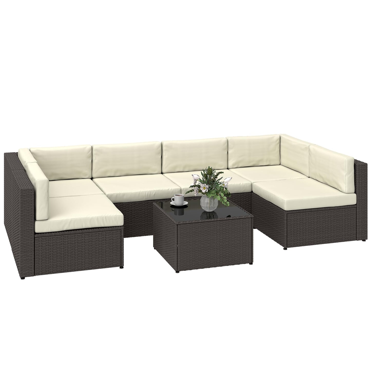 Outsunny 7 Piece Patio Furniture Set, Wicker Outdoor Sectional Sofa Set, All Weather PE Rattan Outdoor Furniture Conversation Sets with Cushions, Glass Top Coffee Table, Cream White