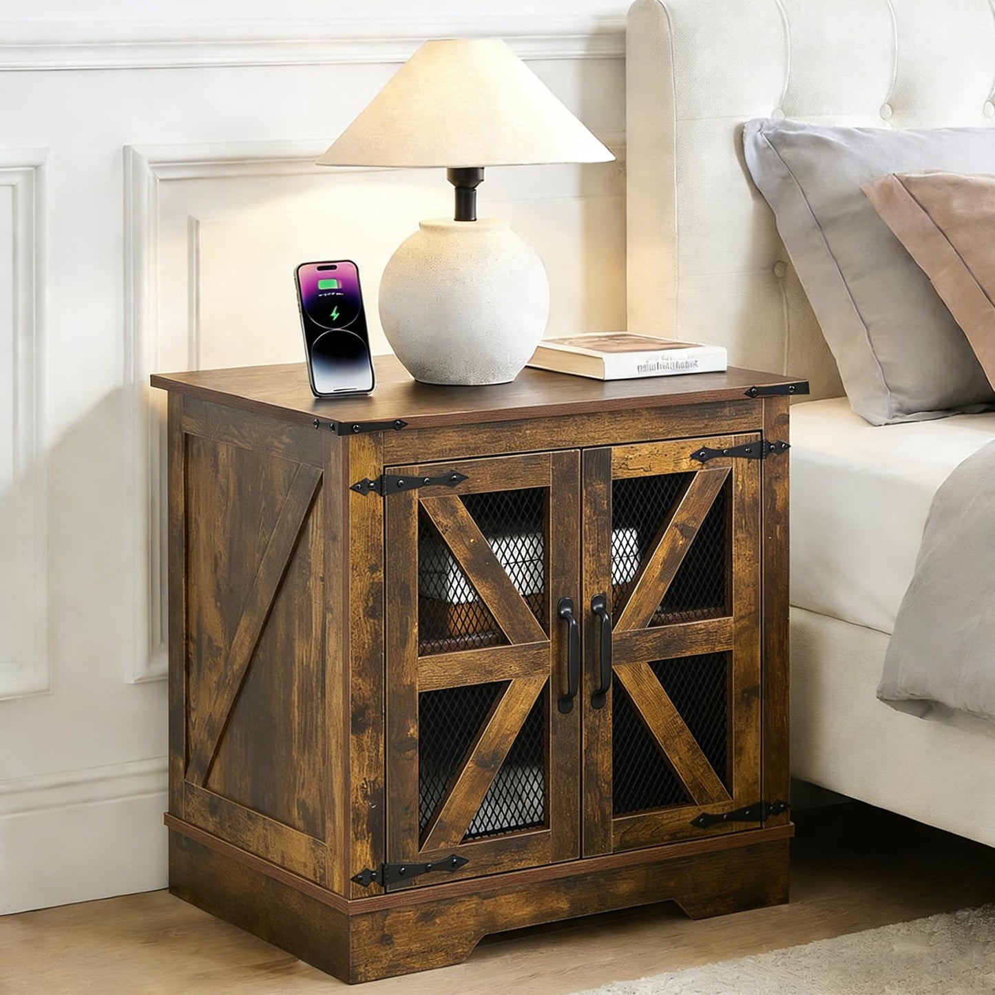 Seekverse Farmhouse Nightstand with Charging Station Set of 2, Side Table with Barn Door and Storage, Rustic Wood Bedside Table, End Table for Living Room and Bedroom, Brown, 2