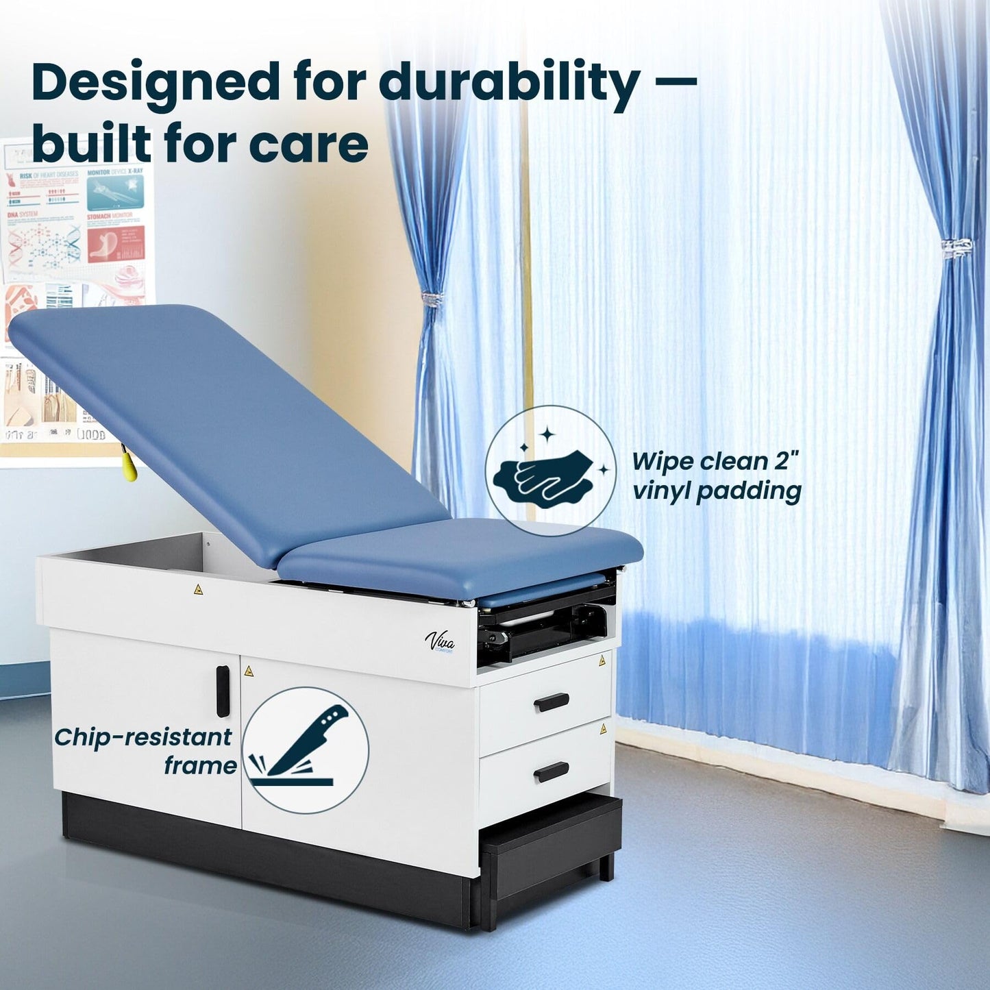 Vivacomfort Slim Line Medical Exam Table, Blue, 420 lbs Weight Capacity (Stirrups NOT Included)