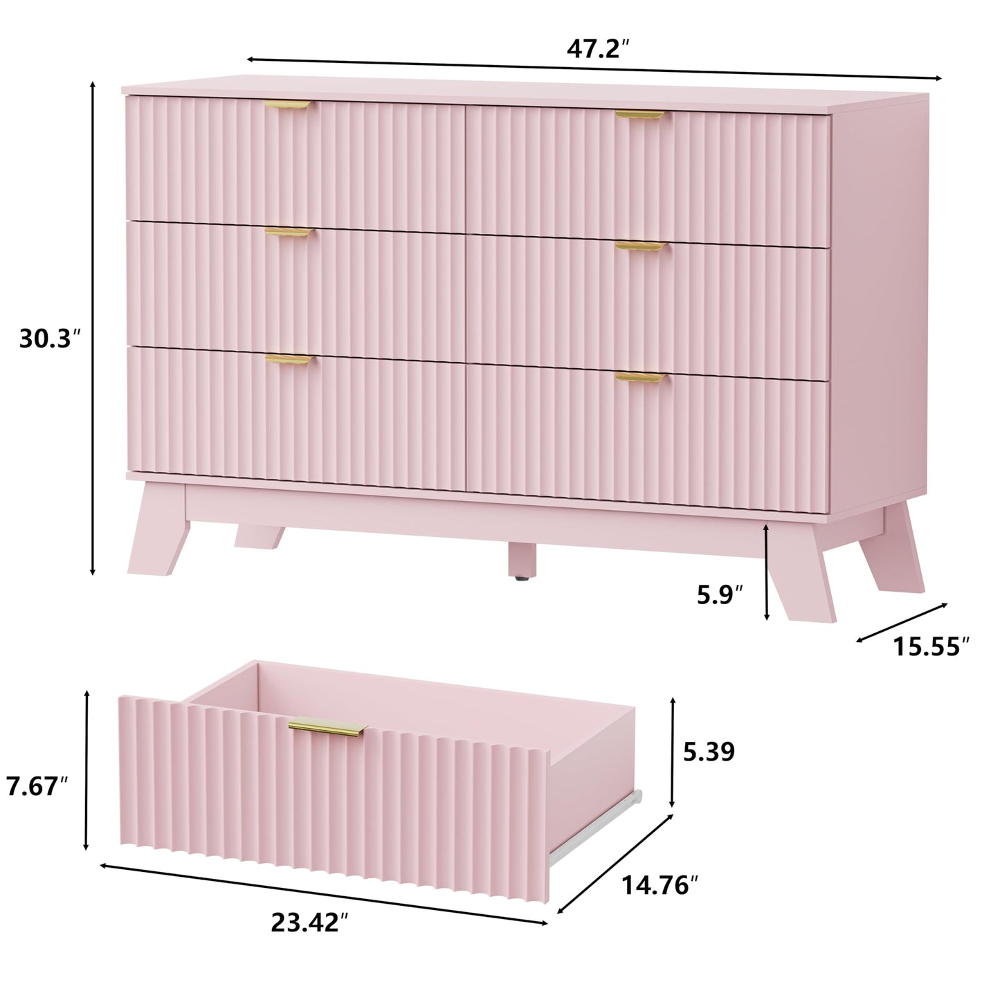 6 Drawer Dresser for Bedroom, Fluted Dressers Chest of Drawers with Gold Handle, Mid Century Modern Dresser for Closet, Wood Closet Storage Organizer Furniture for Bedroom, Living Room, Hallway, Pink