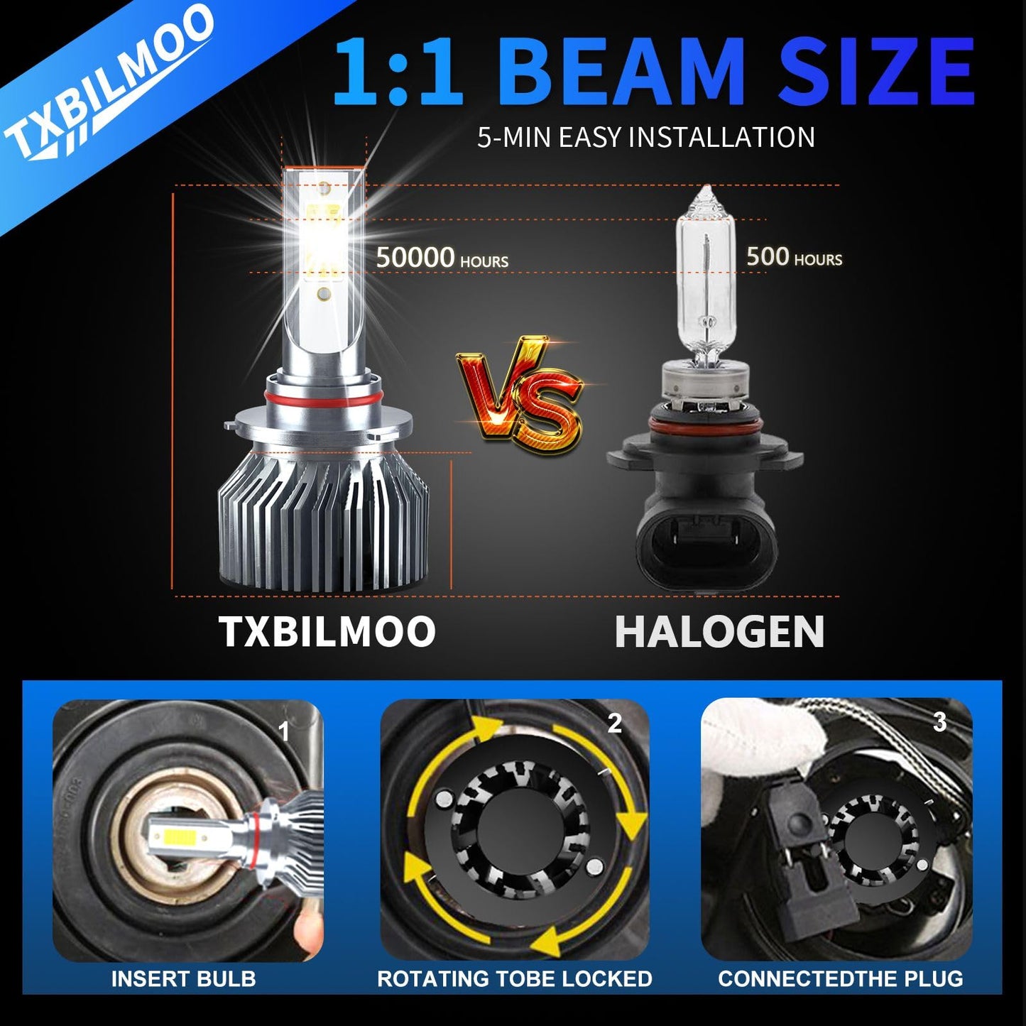 TXBILMOO 9008 High/Low Beam Fog Light Bulbs, 32000LM, 6500K White, Aluminum, IP68, Plug and Play, Pack of 4