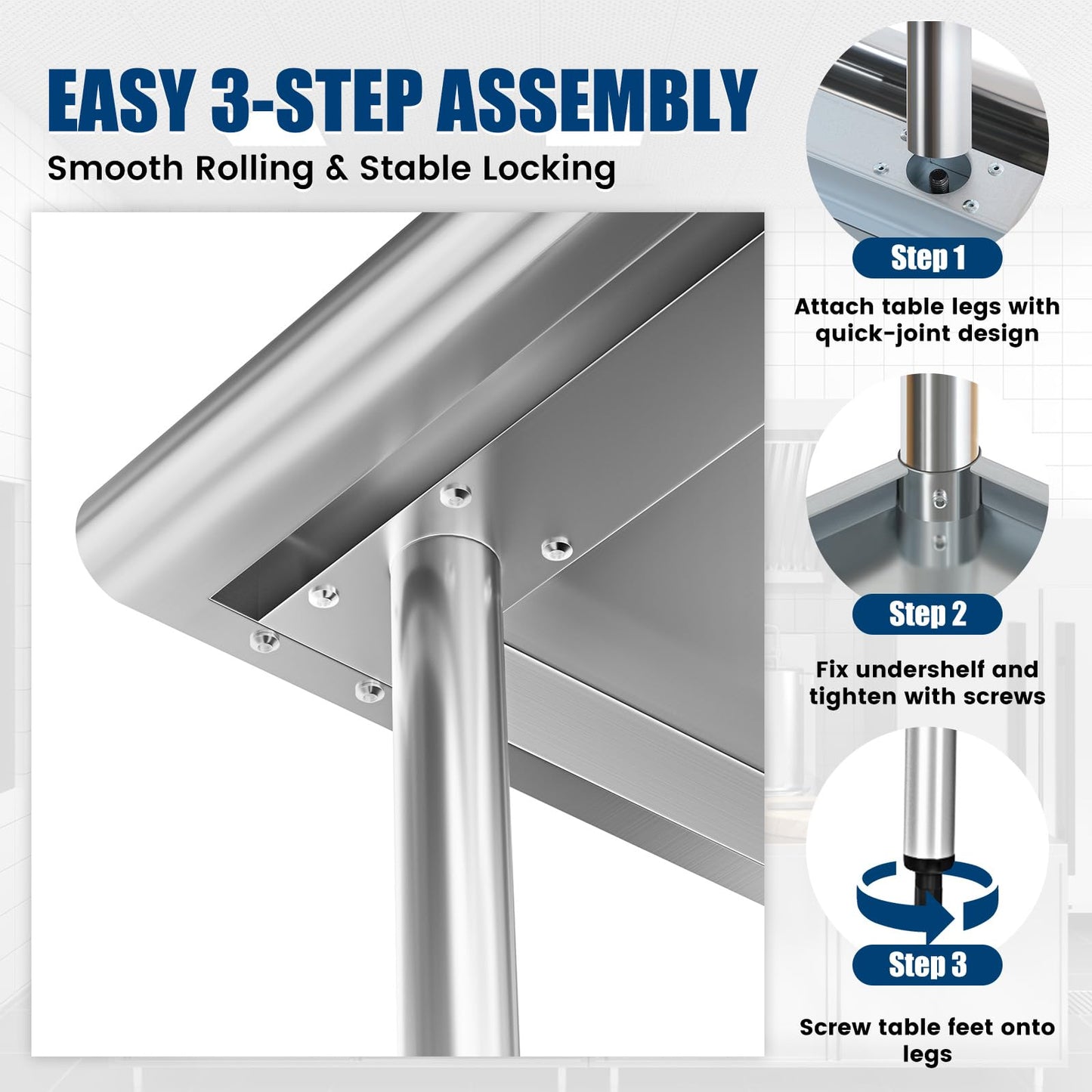 Stainless Steel Work Table 24 x 60 Inch with 2 Adjustable Undershelves, Heavy-Duty Metal Prep Table for Commercial Kitchen & Restaurant, Garage, Outdoor