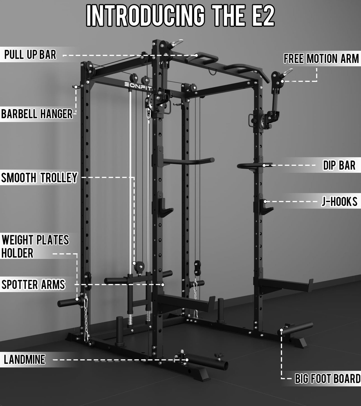 Eonfit E2 Power Cage - Multi-Functional Power Rack for Home Gym. 1500lb Squat Rack for Home Gym. Pulley System for Cable Crossover & LAT Pulldown (Black, PRO)