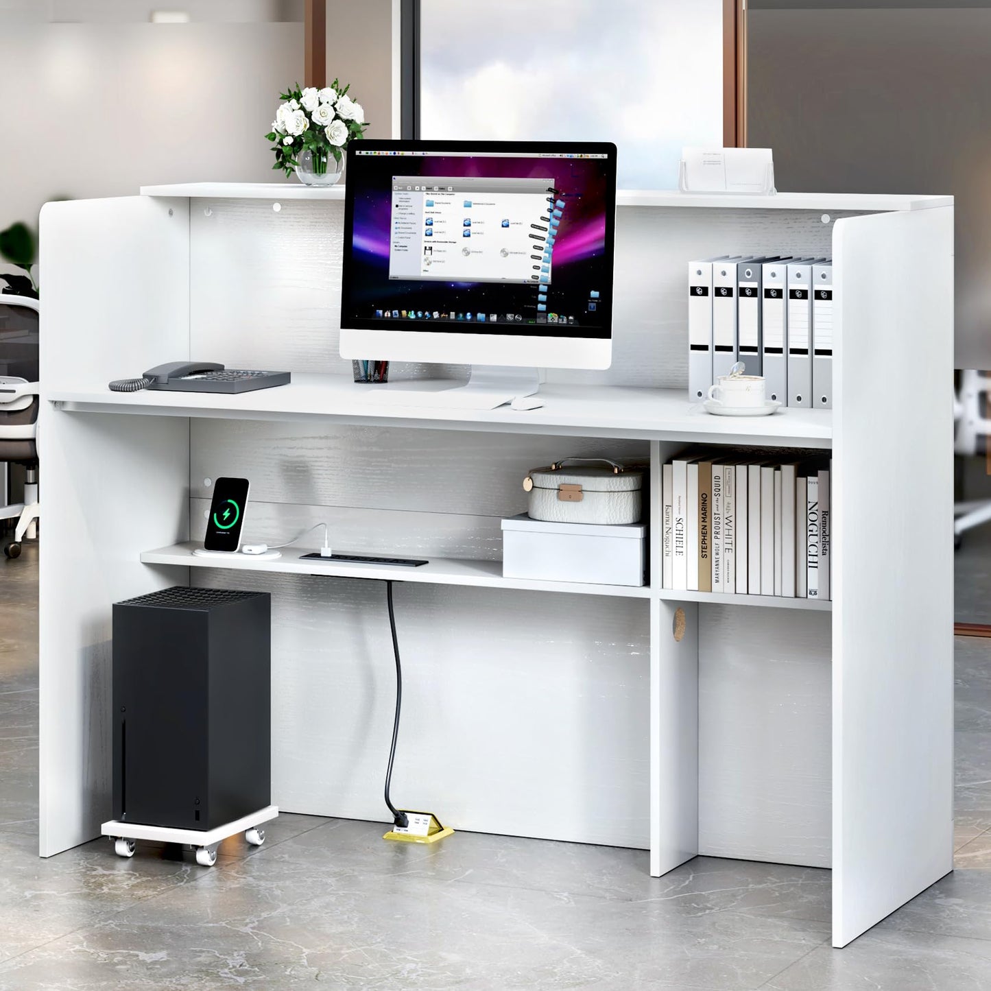 TC-HOMENY Reception Desk with LED Lights, 55'' Retail Counter Modern with Storage Shelves and Cable Grommet, Front Table, Salon Desk, Office Table,White