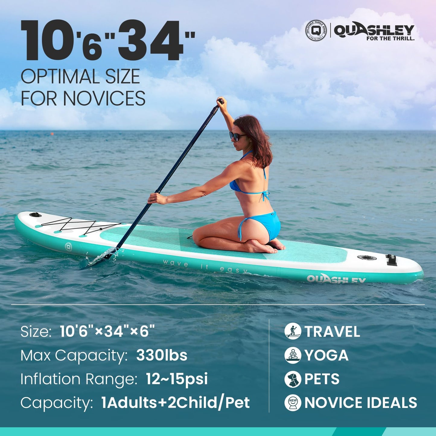 Quashley All-Around Inflatable Paddle Board 10'6" SUP for Adults & Kids,Family Stable Paddleboard,Beginner Friendly Full Kit with Backpack/Hand Pump/Leash Blue