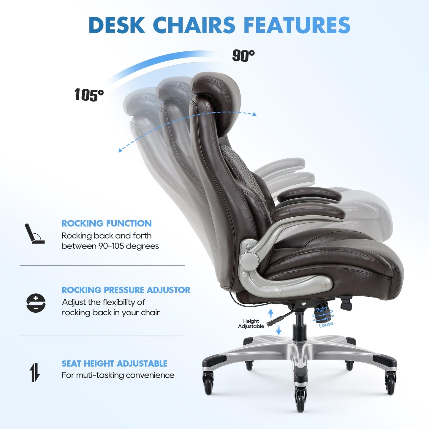 COLAMY Office Ergonomic Desk High Back Executive Chair with Pop-Out Lumbar Support, Upgraded Casters, Adjustable Headrest, Flip-Up Arms, Leather Home with Thick Cushion for Comfort - Brown