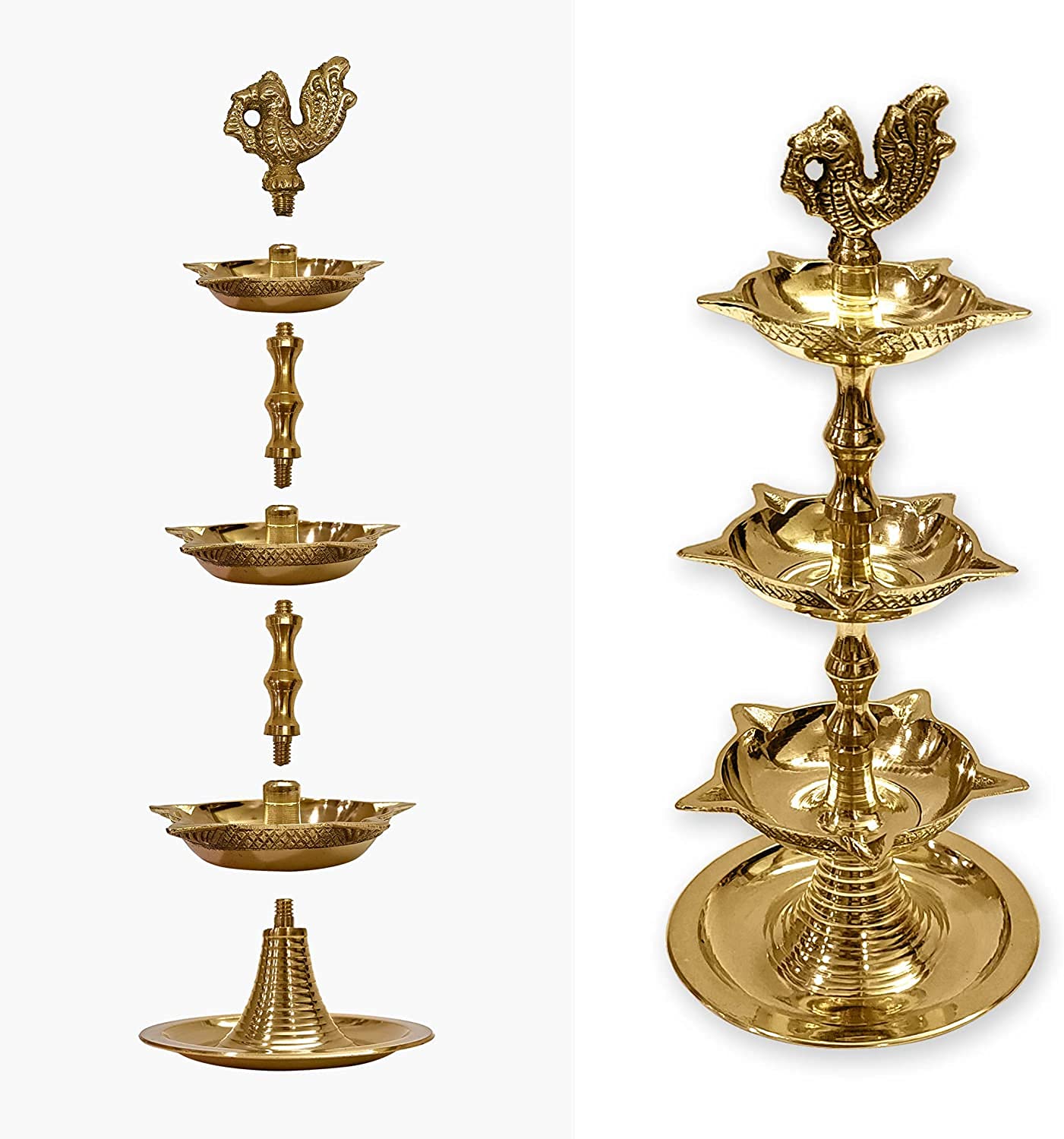 Craftsman Brass Kerala Samai Diya - 3 Step Adjustable Oil Lamp, Peacock Design, Gold, 8.5 inch - Traditional Pooja Deepak for Diwali