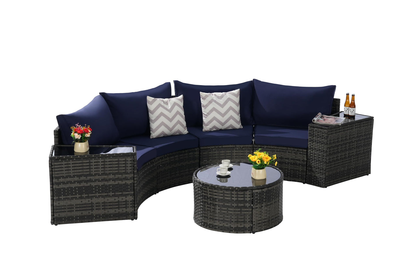 KEIKI 7-Piece Half-Moon Outdoor Patio Furniture Set, Rattan Patio Conversation Set with Coffee Table & 2 Sofa Side Table & 4 Curved Armless Sofa, Wicker Curved Sectional Sofa Set, for Backyard, Blue