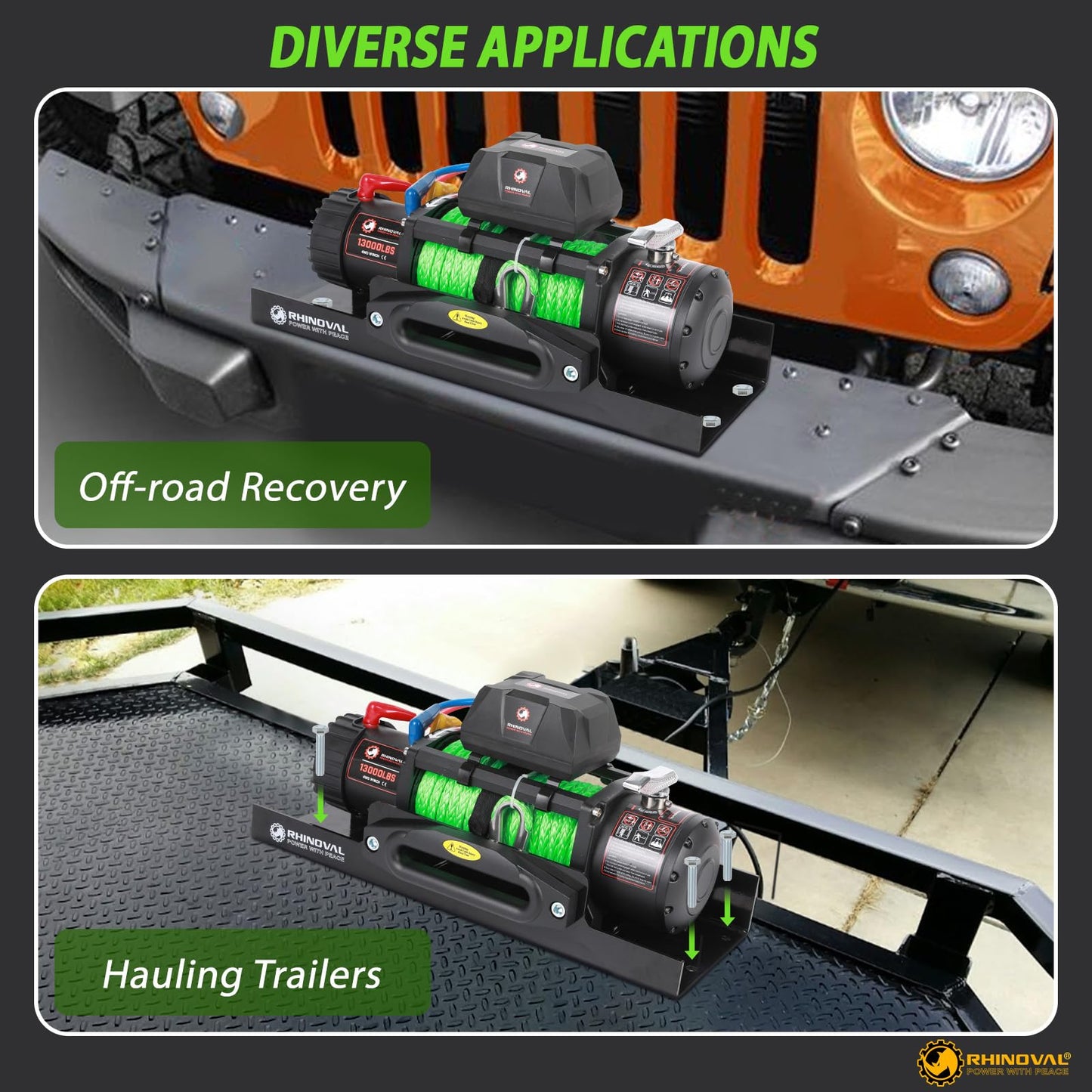 RHINOVAL 13000lb Electric Winch, Synthetic Rope Green, Battery Disconnect Switch, Low Profile Control Box, 12V, IP67 Waterproof, Wireless Remote, SUV, Truck, Boat Trailer. (RH13000A-G)