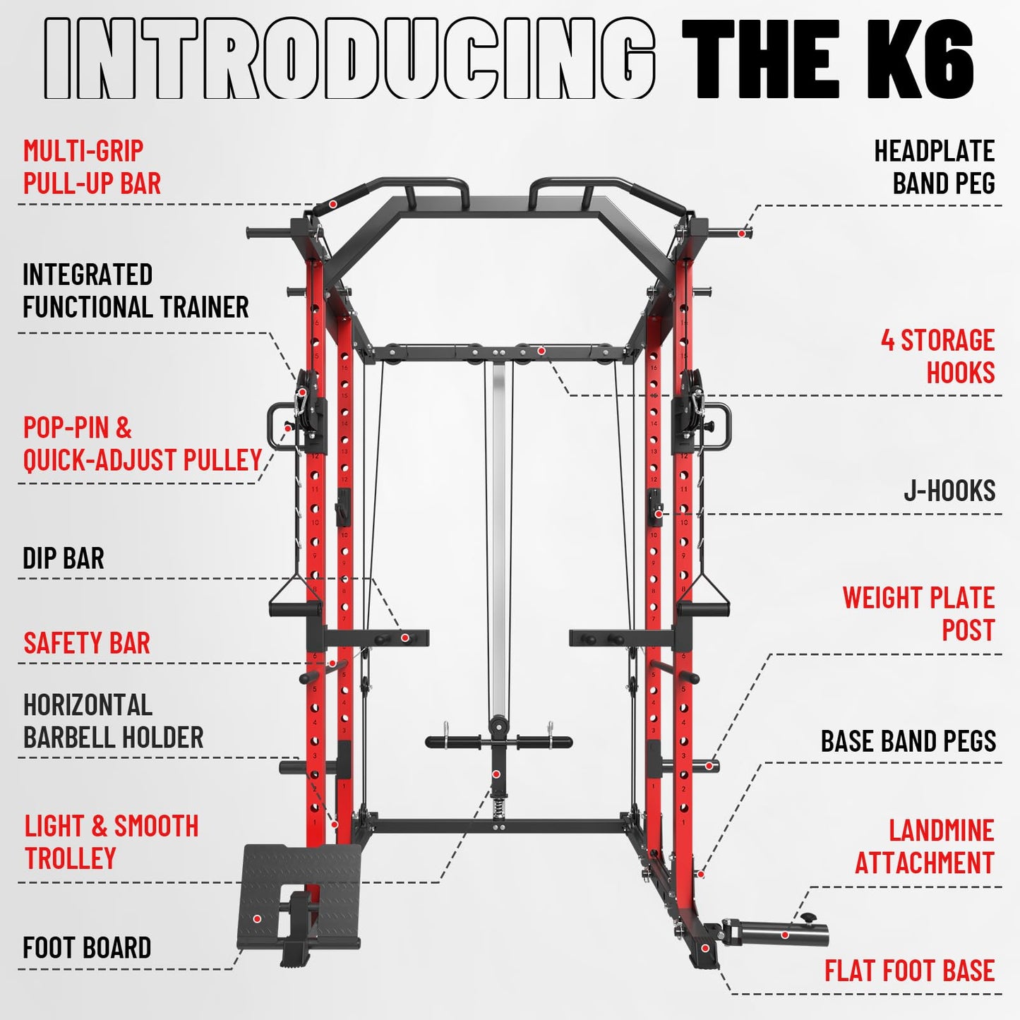 Mikolo K6 Power Cage, Power Rack with Cable Crossover System, Home Gym Packages with Weight Bench, Olympic Barbell, 230b Weight Set-Red