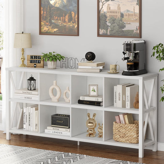 FATORRI 8 Cube Storage Organizer Bookshelf, 62 Inch Rustic Wood Horizontal Bookcase, Industrial Cube Long Book Shelf for Living Room (White Oak)