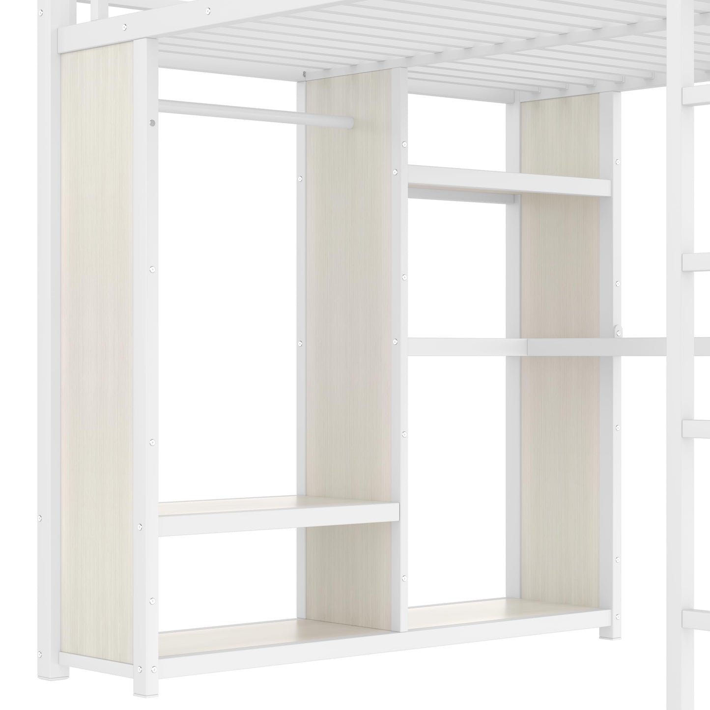 Bellemave Queen Size Loft Bed with Desk, Wardrobe, Metal Queen Loft Bed Frame, White Wood-Grain