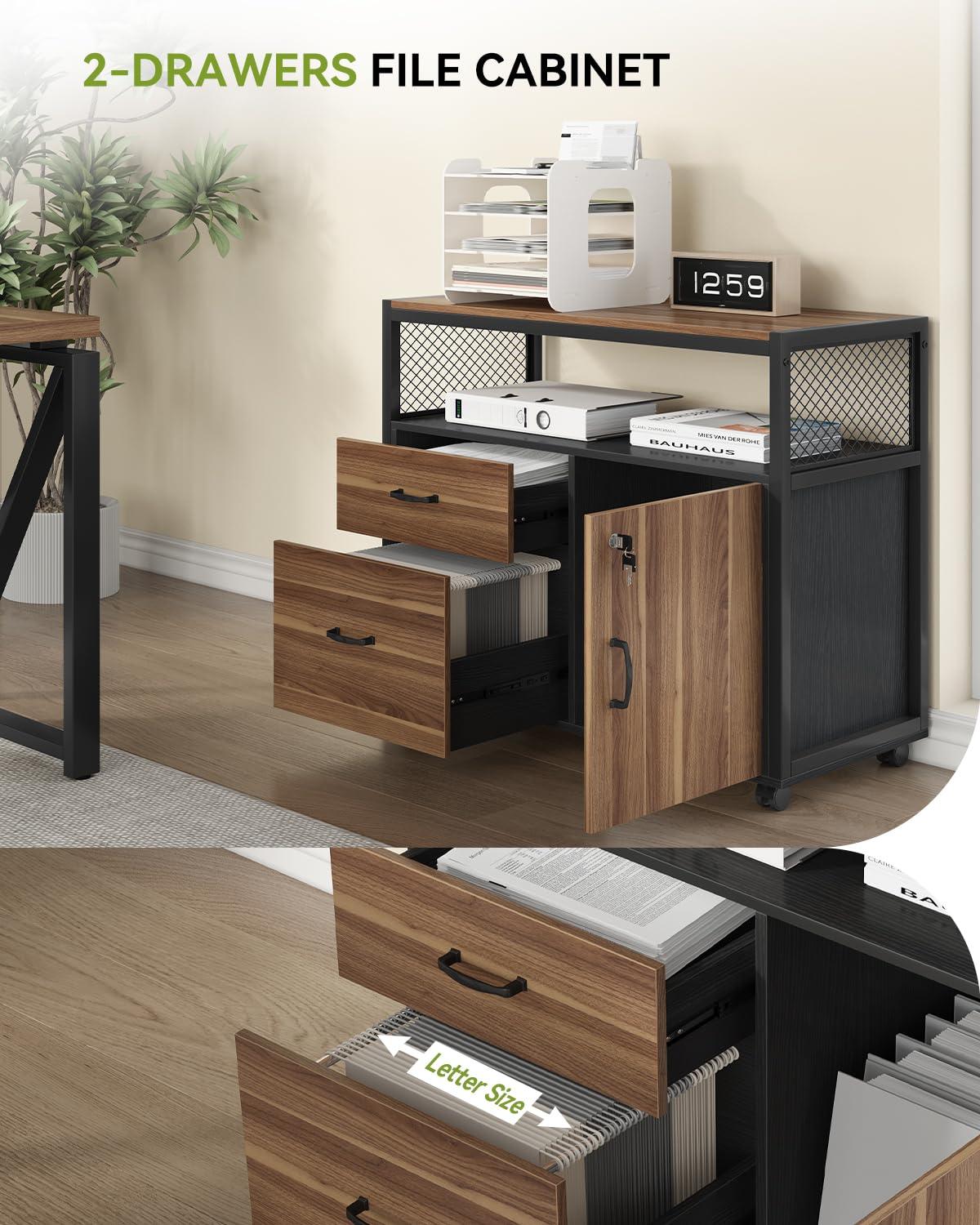 LITTLE TREE 63" L Shaped Executive Computer Desk and Drawer lateral File Cabinet, Dark Brown
