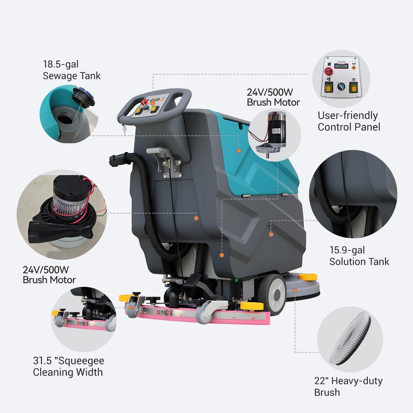 KARHDIR Walk-behind Floor Scrubber Machine, 22" Cleaning Width, 31.5" Suction Width, 18.5-gal Sewage Tank, 15.9-Clear water tank, 32000 Sqft/h, Complete Set of Parts
