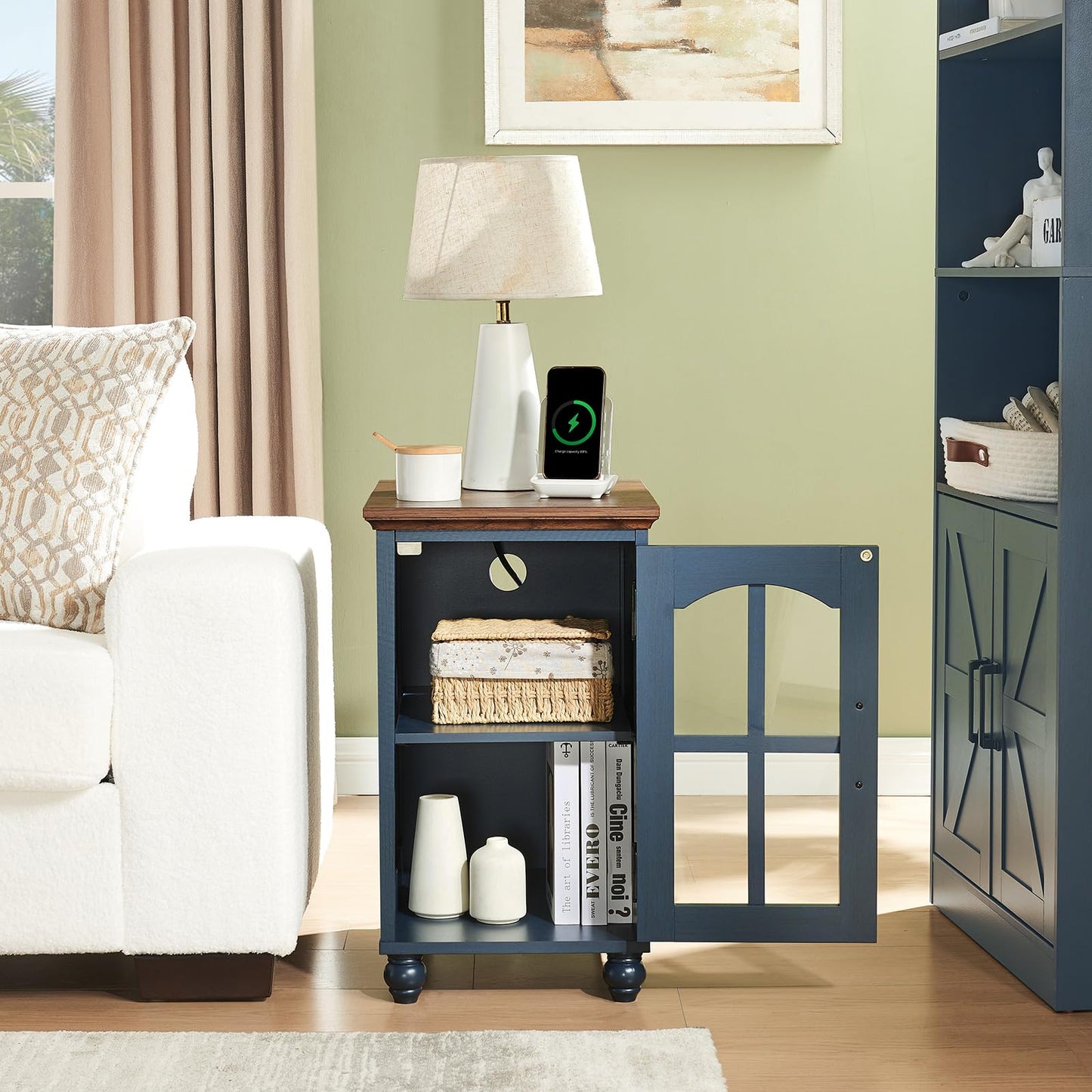 Narrow Side Table Set of 2,Farmhouse Nightstand with Charging Station,End Table with Glass Barn Door Storage, Cabinet Organizer with Adjustable Shelf, Night Stand for Small Spaces Living Room Bedroom