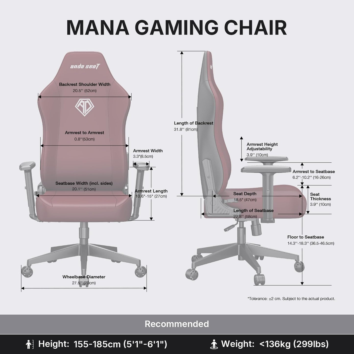Anda Seat MANA Gaming Chair for Adults - Ergonomic Maroon Leather Game Chairs with Adjustable Armrest, Comfortable Office Chair with Lumbar Support, Heavy Duty Wide Computer Seat for Home & Work
