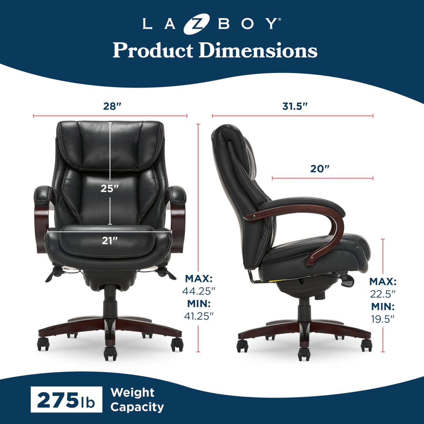 La-Z-Boy® Bellamy Executive Office Chair with Memory Foam Cushions, Real Wood Arms and Swivel Base, Waterfall Seat Edge, Faux Bonded Leather, Black