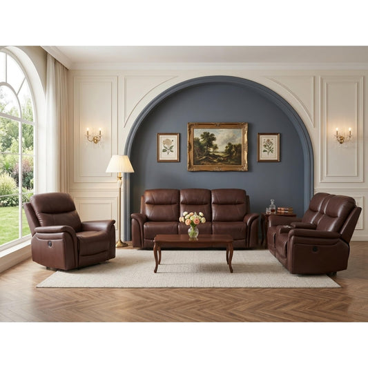 Trygoal Modern Power Recliner Sofa Set of 3, Air Leather Living Room Set with Wireless Charger, Home Theater Seating with Hidden Storage & Cup Holders, Retro Vintage Furniture, Reddish Brown