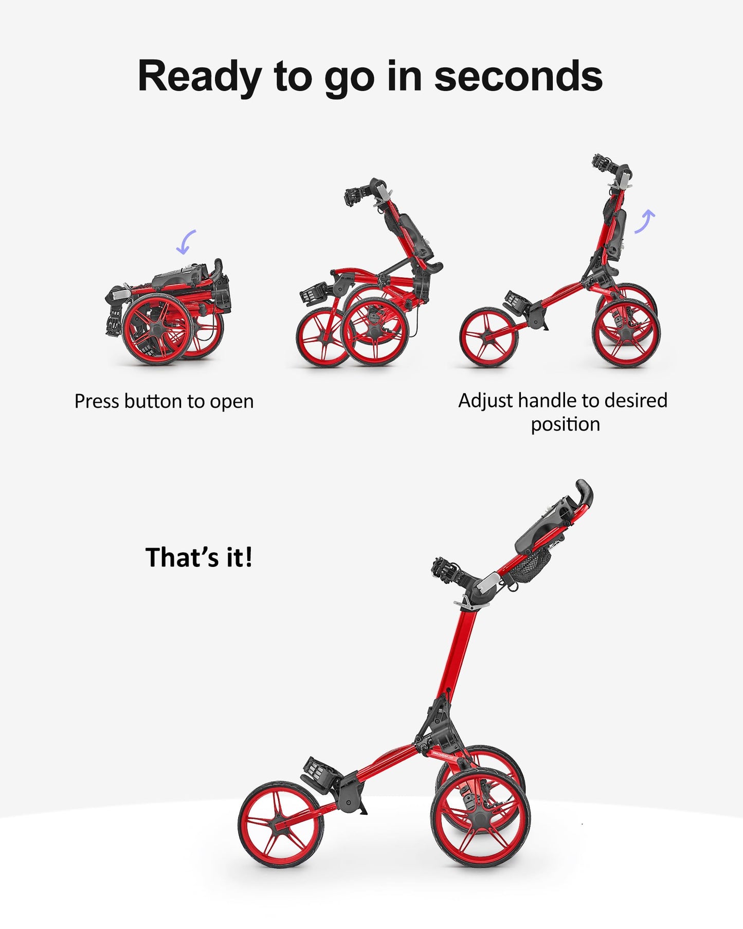Caddytek CaddyLite Compact Golf Push Cart - Lightweight Aluminum 3-Wheel Foldable Golf Bag Cart with Quad-Fold System, EVA Wheels, Adjustable Handle, Brake, Mesh Net, Umbrella & Drink Holder