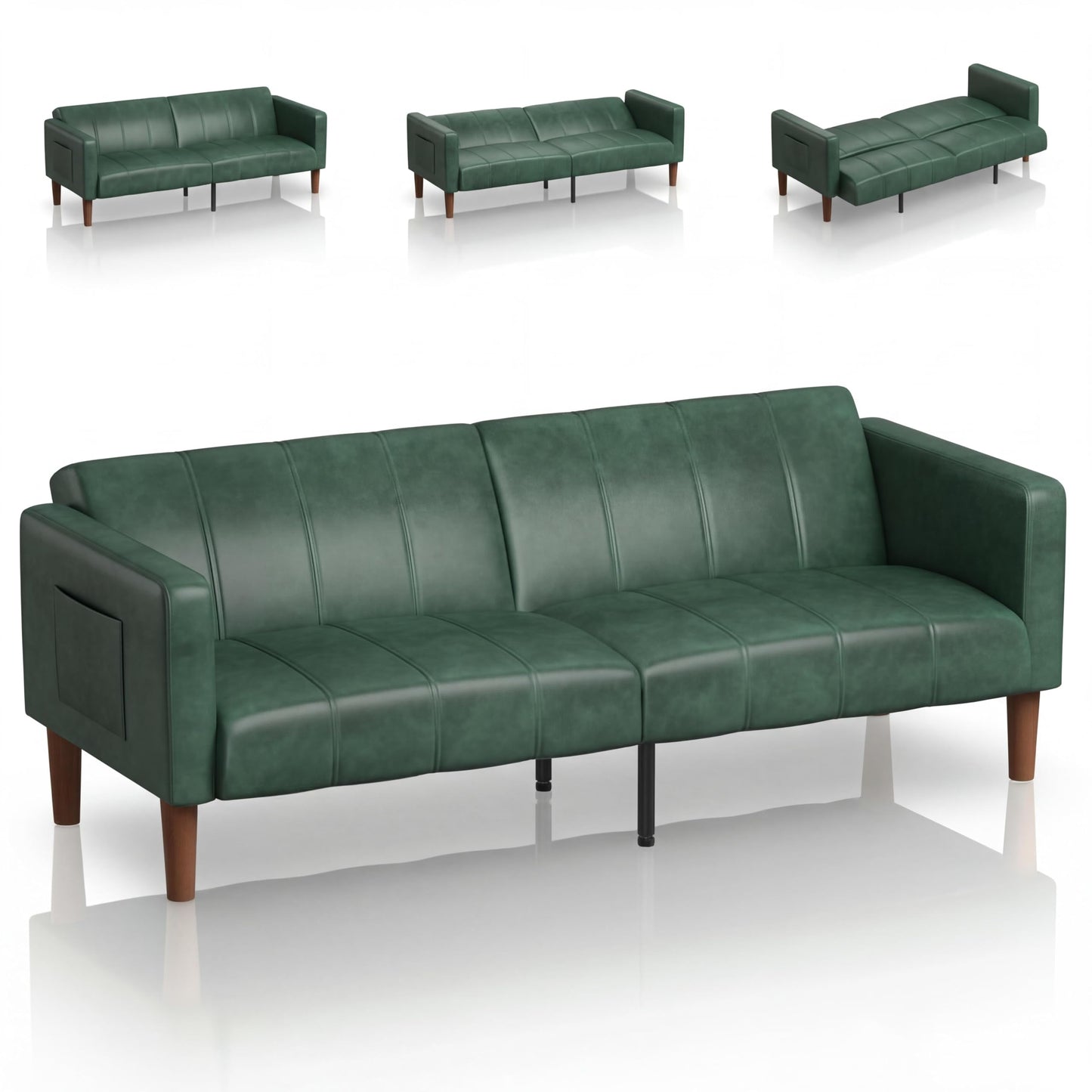 75 in Futon Sofa Bed, Faux Leather Convertible Couch with Adjustable Backrest, Side Pocket, Mid Century Modern Loveseat Sleeper Sofa for Living Room, Bedroom, Apartment, Small Spaces, Green