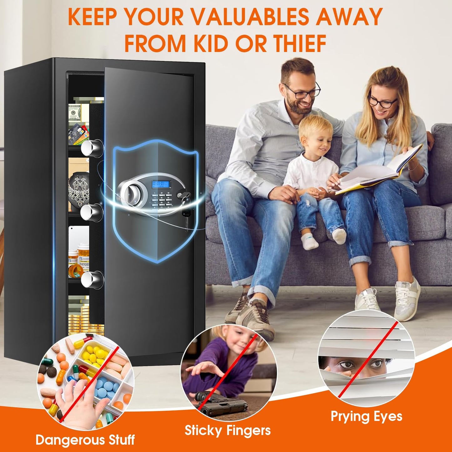 6.2 Cuft Large Fireproof Safe for Home Documents, Digital Security Personal Safety Box with Programmable Keypad, Spare Keys and 3 Removable Shelf, Anti-Theft Fire Safe Box for Money Firearm Medicine