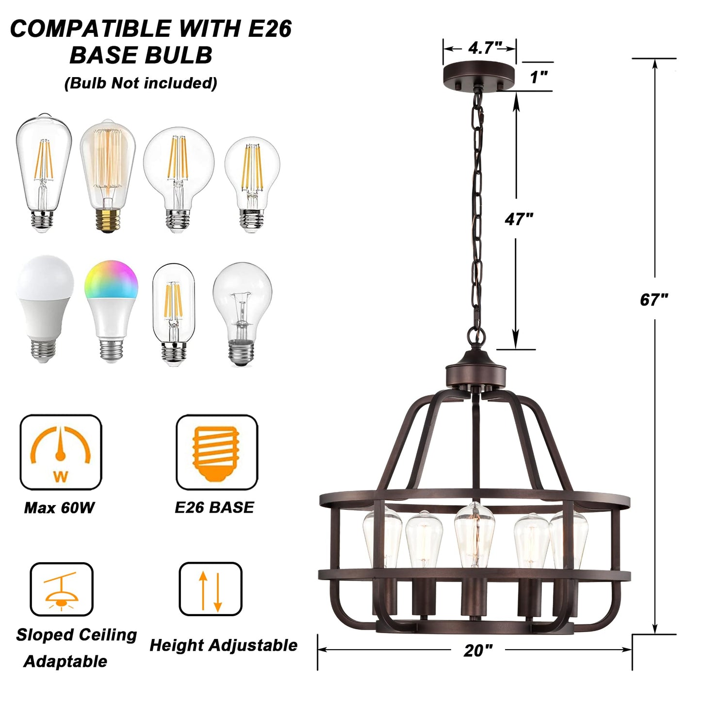 winsmart 20in Oil Rubbed Bronze Chandelier, 5-Light Metal Farmhouse Fixture, Model WSP30076RB-5