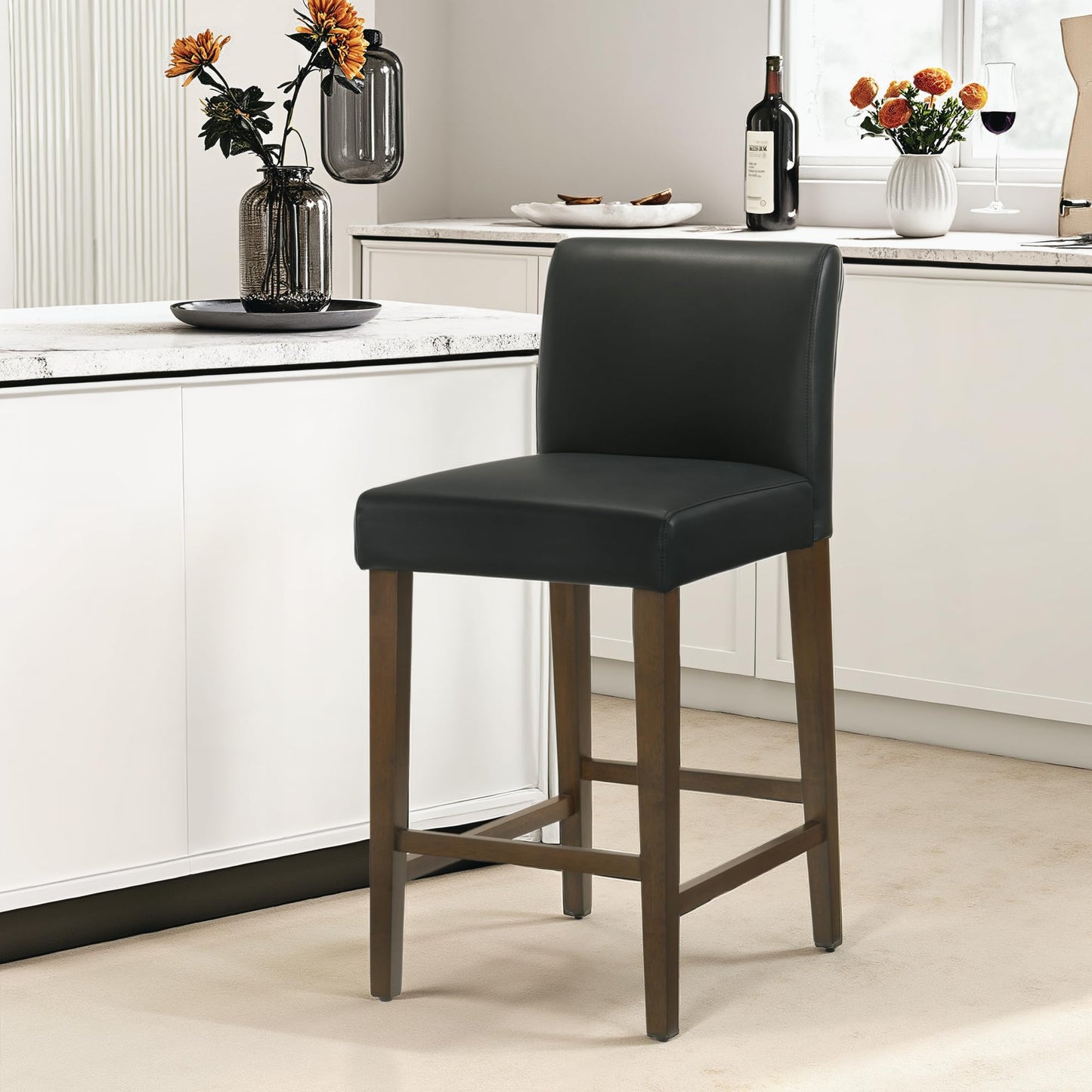 CHITA Counter Height Bar Stools Set of 3, 27" H Seat Height Upholstered Barstools, PU Leather in Black