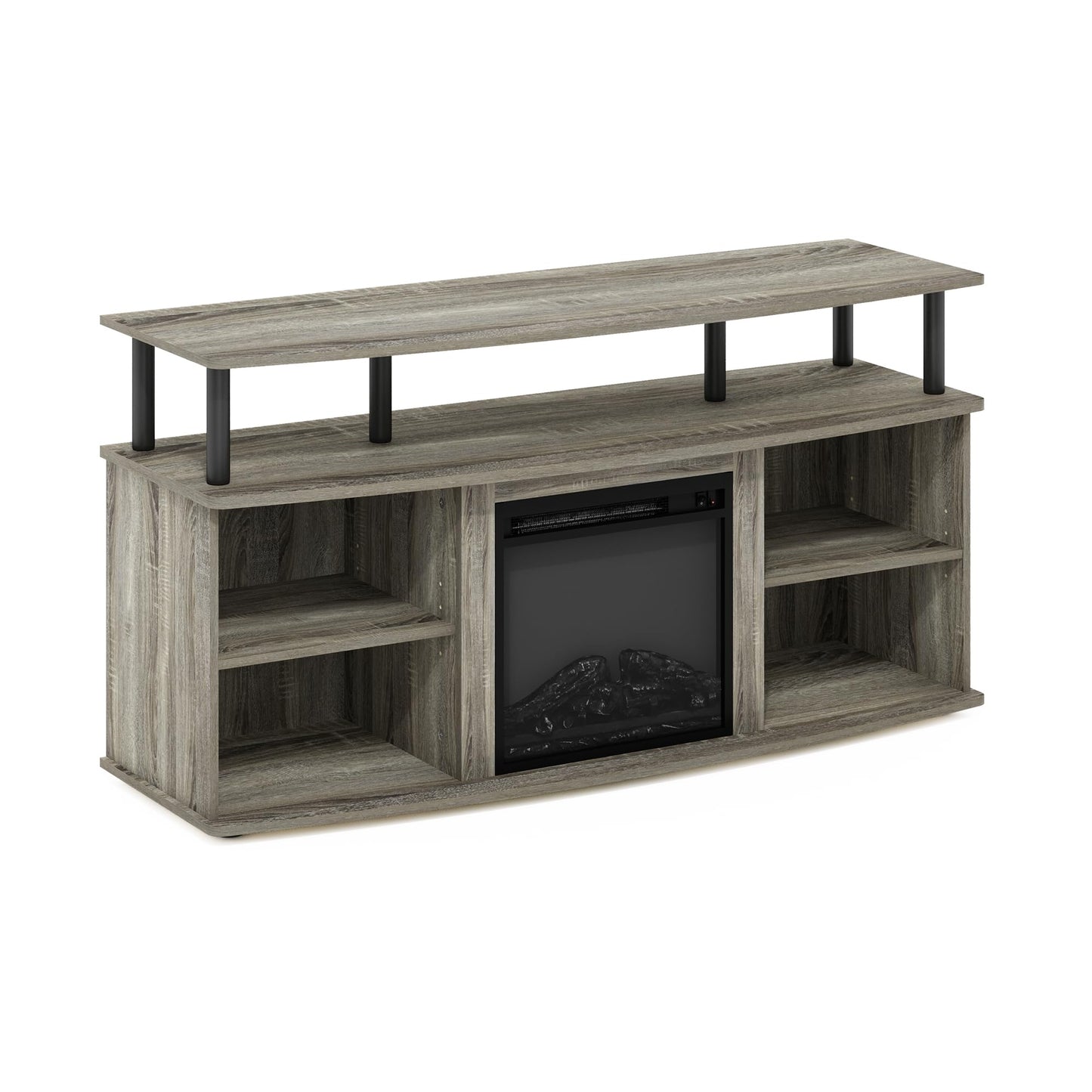 Furinno Jensen Fireplace TV Stand, Entertainment Center, TV Console for TV up to 55 Inch with Fireplace and Open Shelving Storage, for Living Room, Bedroom, French Oak Grey