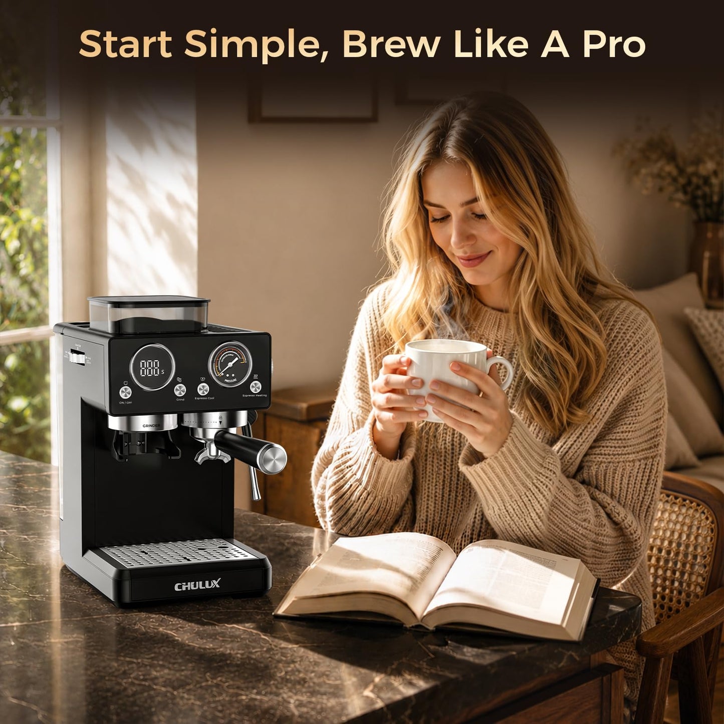 CHULUX Nero Espresso Machine with Built-in Conical Burr Grinder, 4-in-1 20 Bar Espresso Coffee Maker for Cappuccino, Latte, Hot & Iced Espresso and Hot Water, Mystic Black