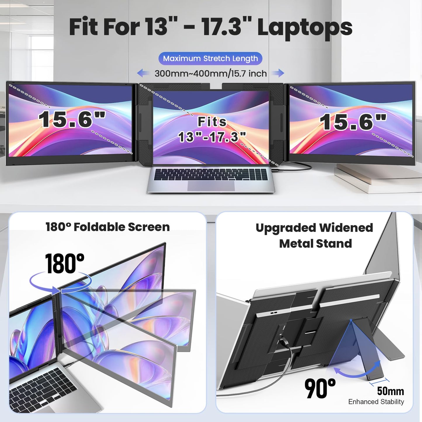 Rizpak One Cable Laptop Screen Extender, 15.6” Ultra-Slim Triple Portable Monitor, 1080P FHD IPS Display, USB-C/A Connection, Travel Monitor for 13–17.3" Laptops, Mac/Windows/Android (Driver Required)