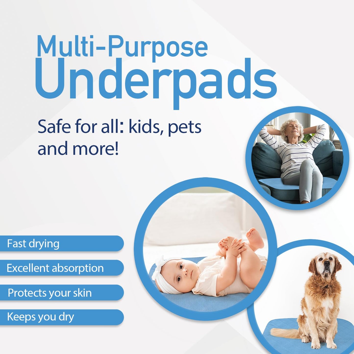 Dynarex Incontinence Bed Pads - Reusable & Washable Waterproof Pee Pads for Kids, Adults, Elderly - 1 Case - 8 Boxes of 3 Pads - 34" x 52", Blue
