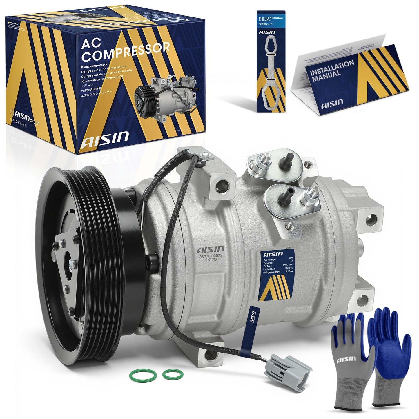 AISIN AFTERMARKET ACCH-00072 Air Conditioner AC Compressor - Compatible with Honda Pilot 2003-2004 3.5L, Odyssey 1999-2004 3.5L, Acura MDX 2001-2002 3.5L - with 6-Pulley Groove, with Clutch