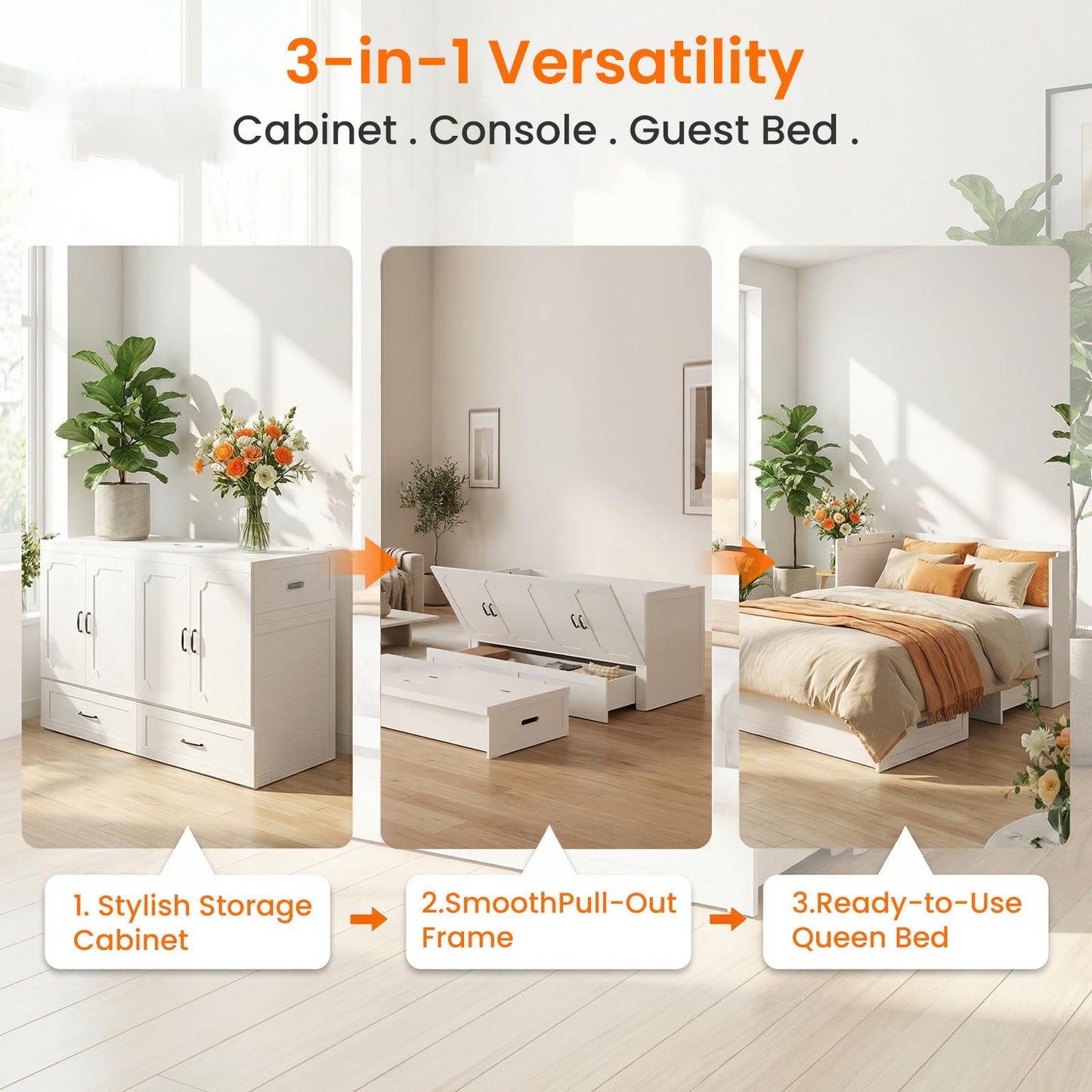 CECER Queen Size Murphy Bed with Mattress Included，Murphy Cabinet Bed Queen with Charging Station ＆ Storage Drawer for Small Spaces/Guest Room（White）