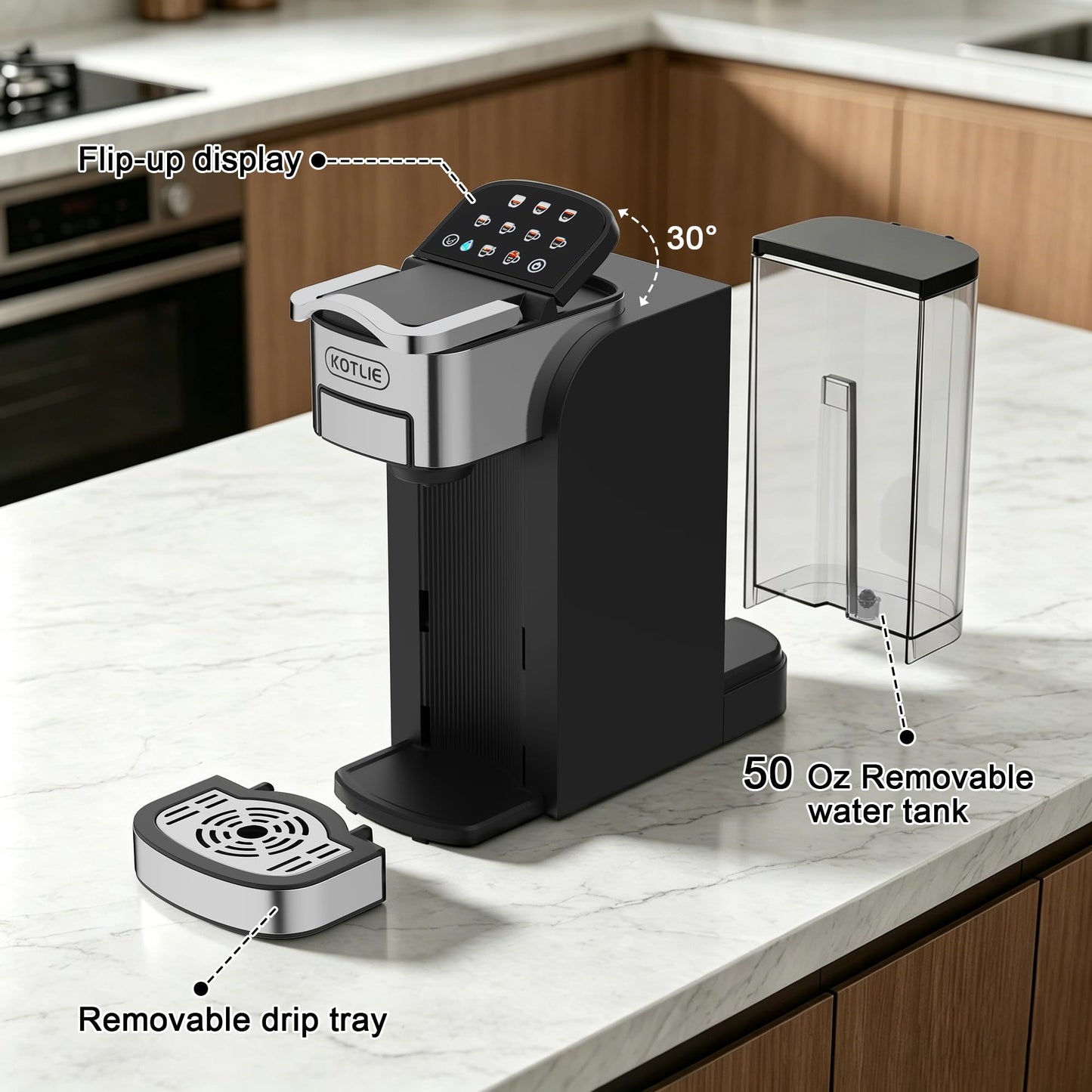 KOTLIE Single Serve Coffee Maker for K*cup/Nes Original/D*G Capsules and Ground Coffee, 50 Oz Removable Reservoir, up to 12oz Cup Sizes,Ideal for Kitchens, apartments, dorm rooms and Offices (CM-827)