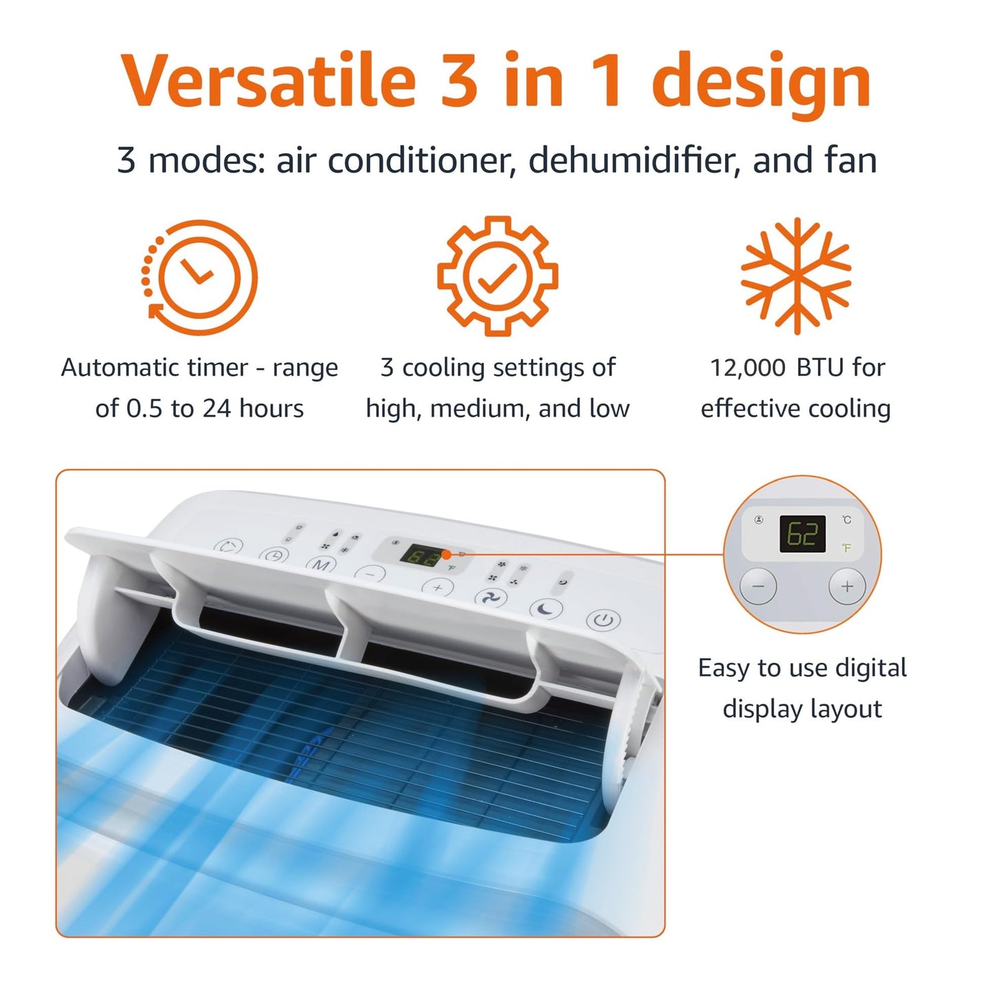 Amazon Basics 3-In-1 Portable Air Conditioner with Follow Me Remote, Timer, Sleep Mode, Auto Swing, Dehumidifier, 12000 BTU (ASHRAE), Cools Up to 550 Sqf Bedroom, White