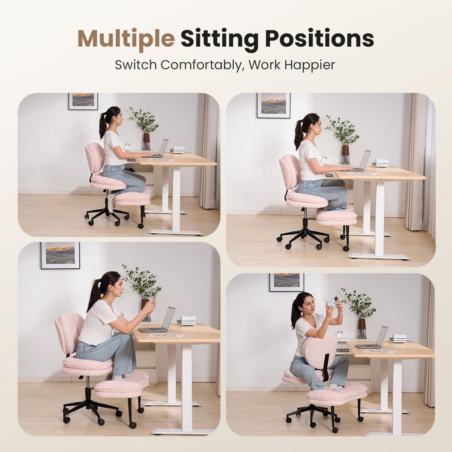 Extra-Wide & Tall Cross-Legged Office Chair – Deeply-Padded Cloud Seat, Ergonomic Back Support, Adjustable Height for ADHD & Meditation,Pink