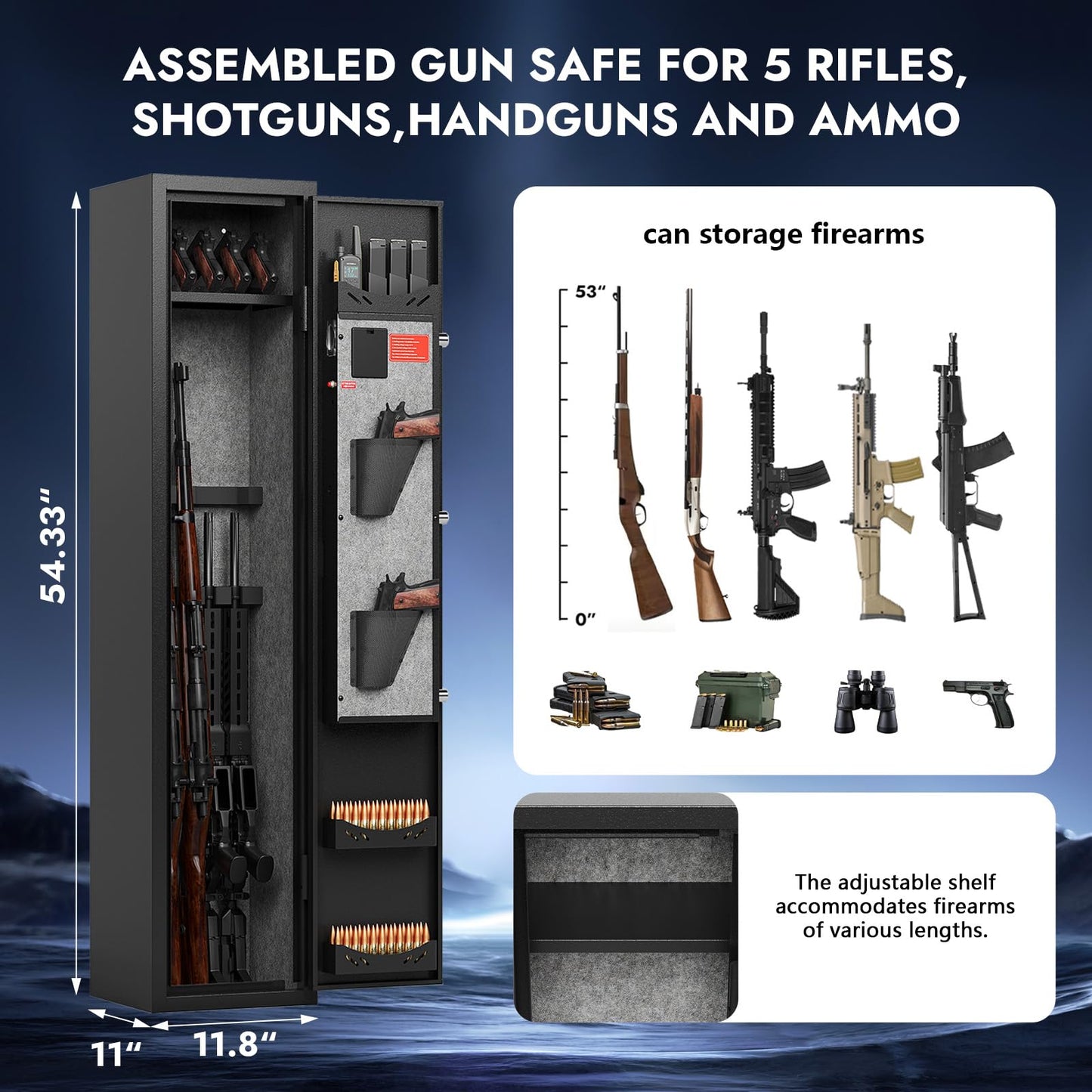 KAER Assembled Gun Safe for Rifles and Pistols with Electronic Lock Steel Gun Cabinet for 3-5 Shotguns 5 Handguns and Ammo Large Rifle Safe for Home Gun Owner with Removable Shelf Gun Rack LED Light