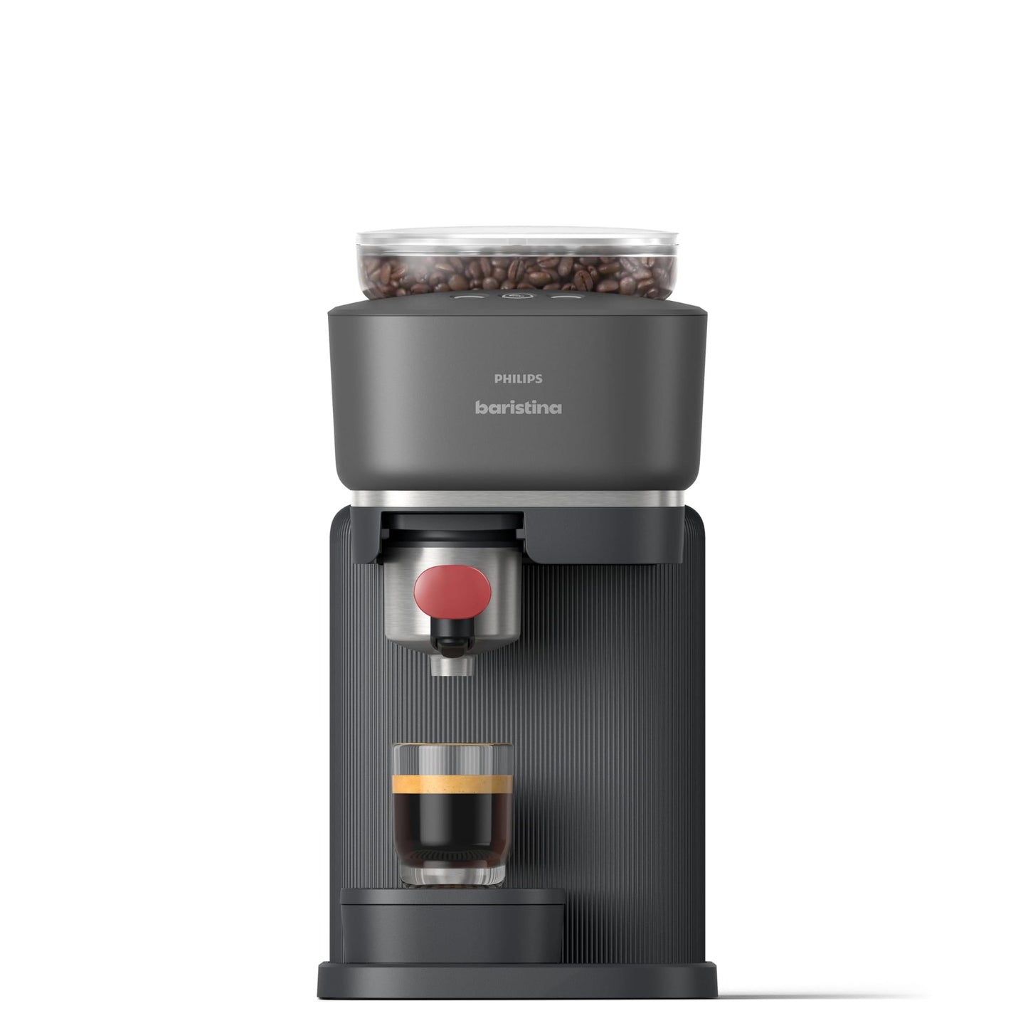 Philips Baristina Espresso Machine, Grind, Tamp & Brew Coffee Beans in One Swipe, Compact, 16 Bar Pump Pressure, Automatic Grinder, Black with Berry Red Portafilter (BAR301/60)