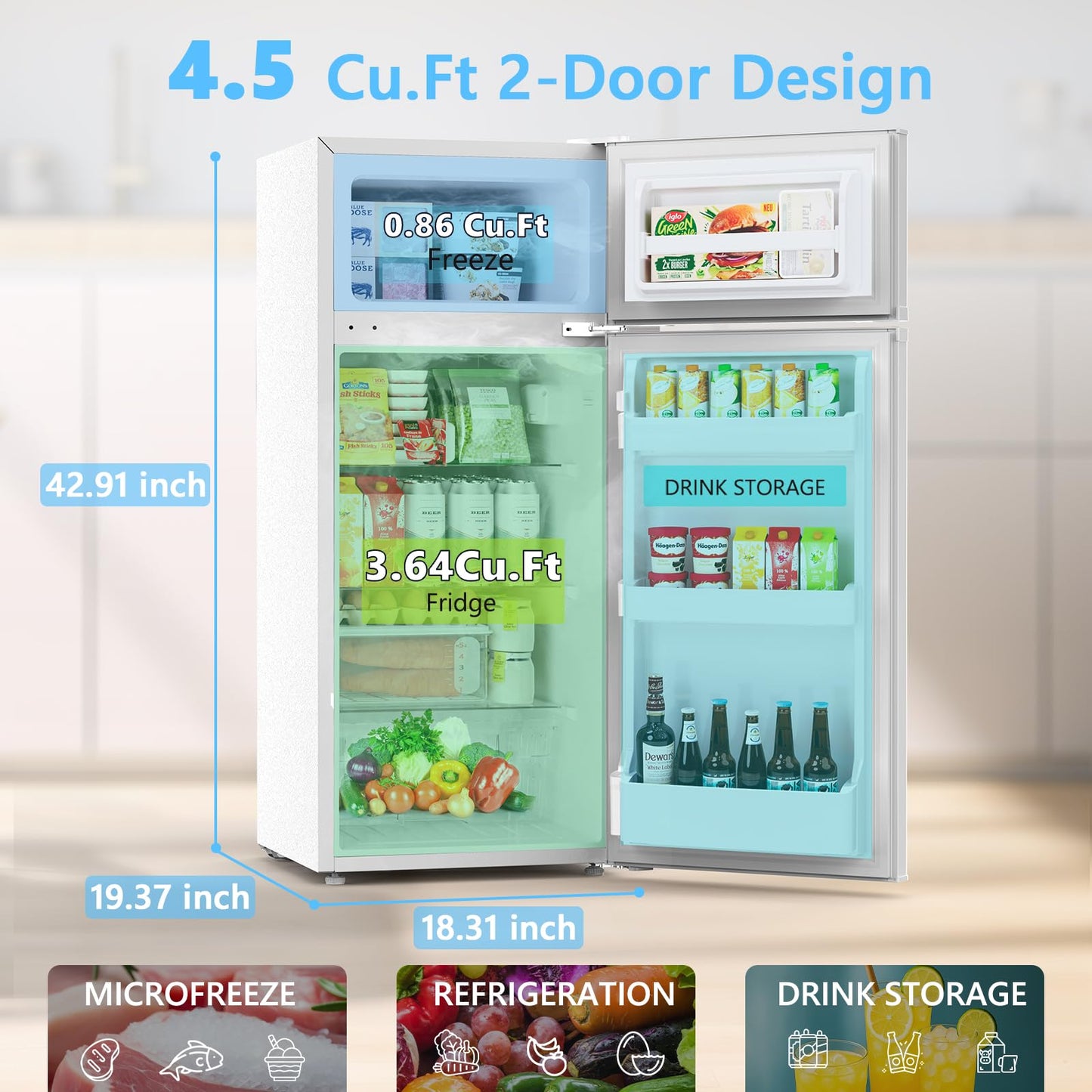 COWSAR 4.5 Cu.Ft Mini Fridge With Freezer, 2-Door Compact Dorm Refrigerator With 2 Removable Shelves, 3 Level Adjustable Thermostat, Commercial Office Fridge for Bedroom, Kitchen, Apartment, White