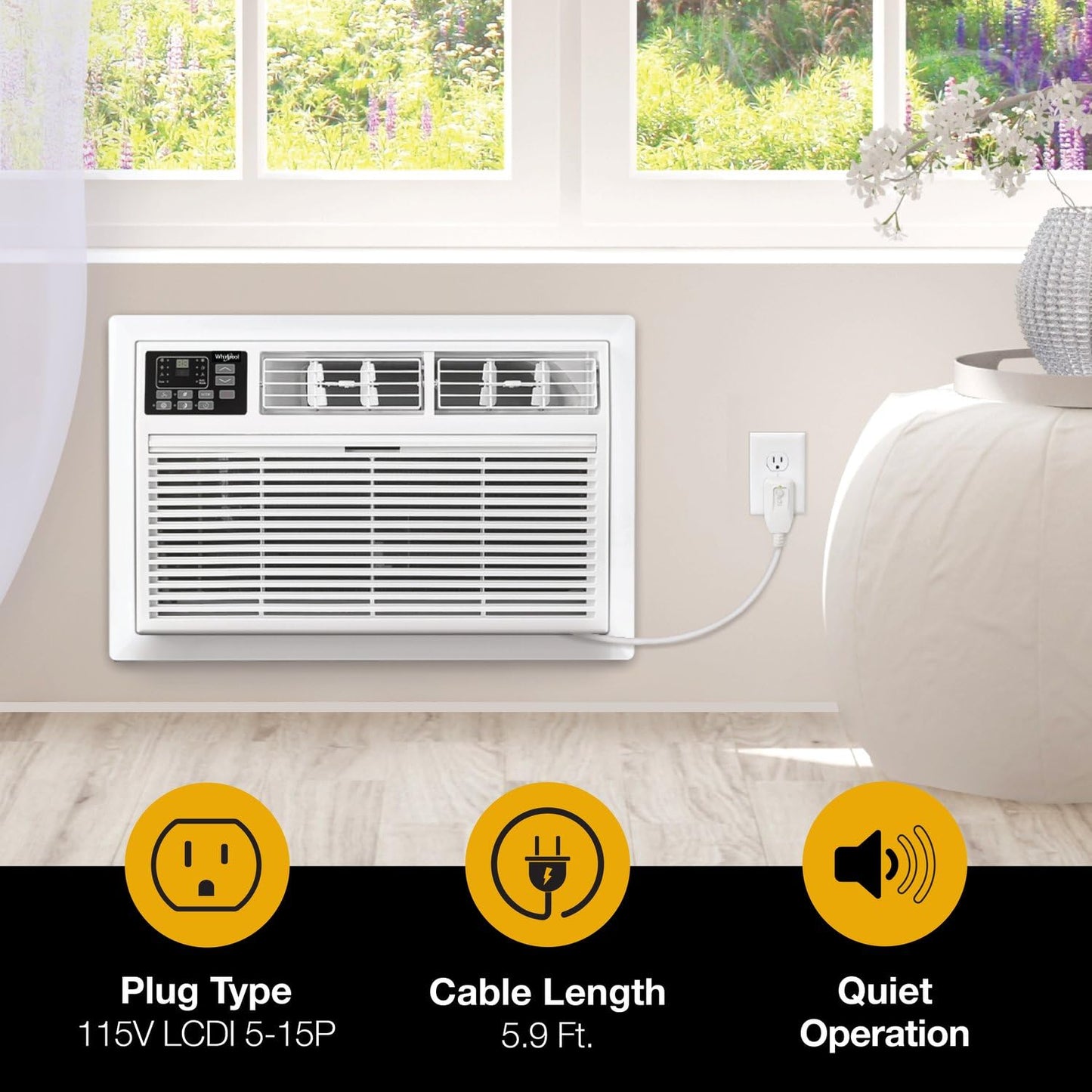 Whirlpool 12,000 BTU Through the Wall Air Conditioner, 115V, Cools up to 550 Sq. Ft for Living Room, Bedroom, Kitchen, Apartment, with Dehumidifier, Remote Control, Digital Display, 24H Timer, White