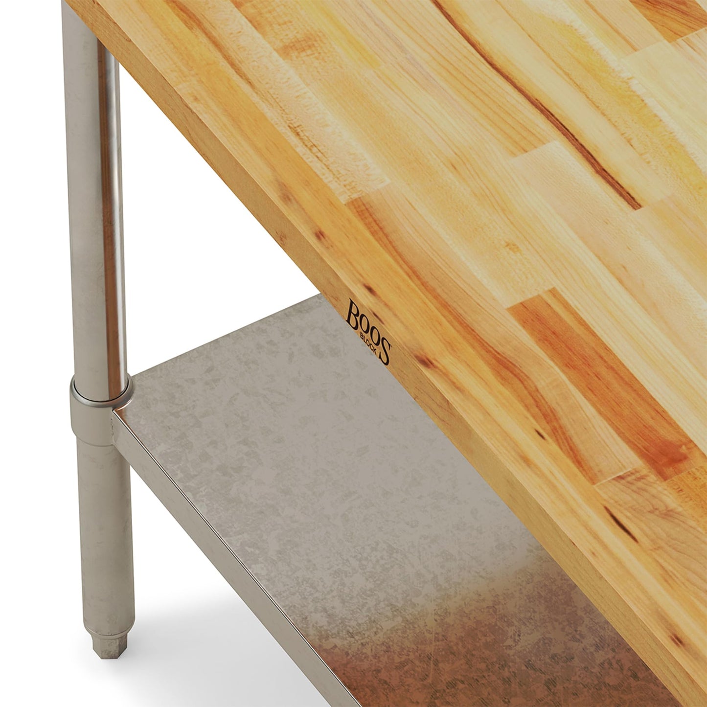 John Boos Maple Wood Top Work Table, 36”x24”x36” – 1.5” Thick Tabletop, 68-lb Kitchen Station with Wooden Edge-Grain Table & Steel Base, & Adjustable Shelf