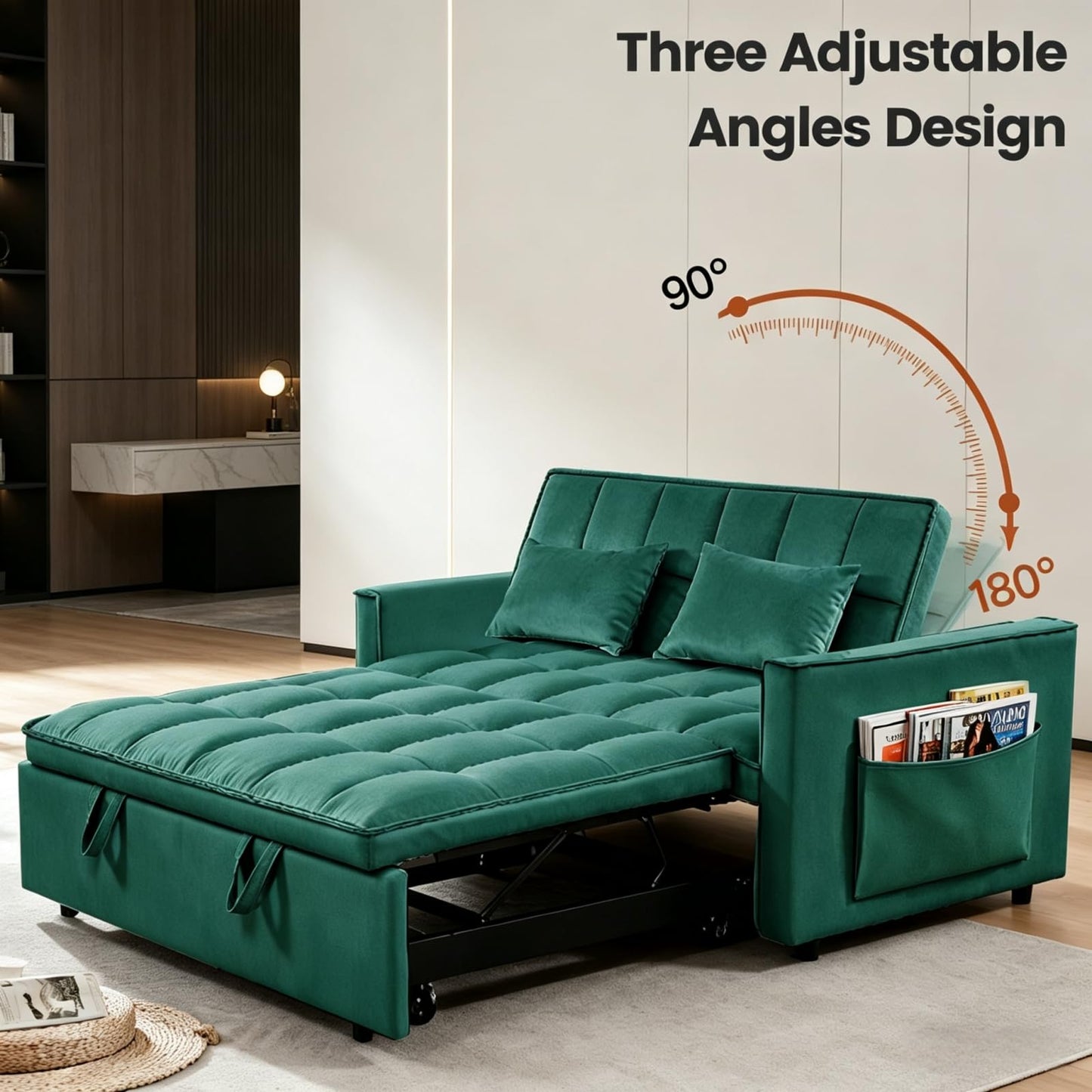 NicBex 3 in 1 Convertible Sofa Bed, Pull Out Couch Bed with Adjustable Backrest, Velvet Fabric Sleeper Sofa with Side Pocket, Loveseat Sleeper Sofa for Small Space, Living Room, Bedroom, Green