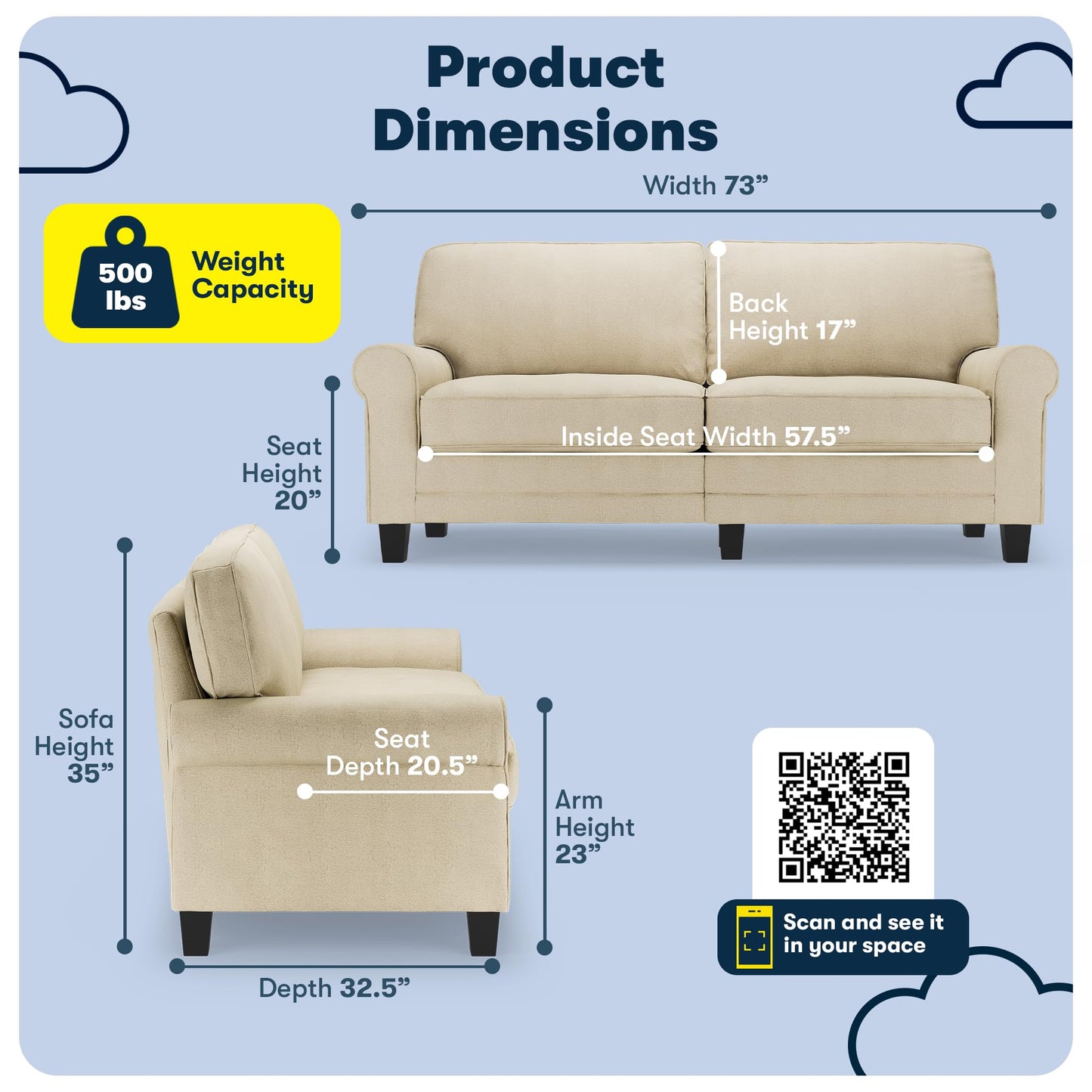 Serta Copenhagen 73" Rolled Arm Sofa, Easy Care Polyester, Soft Pillow Back, Pocket Coil Seat Cushions, Removable Covers, Loveseat or Couch for Small Spaces, Living Rooms or Bedrooms, Buttercream