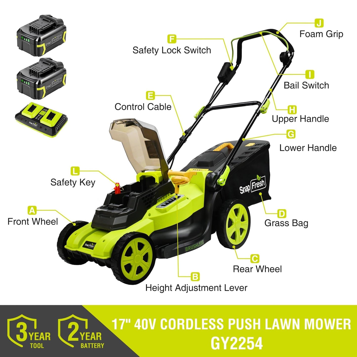 SnapFresh 40V 17” Brushless Lawn Mower – 2 x 5.0Ah Batteries Electric Cordless Push Mower with Fast Charger, 6-Level Height Adjustment, 45L Grass Bag, Lightweight Battery Powered Mower