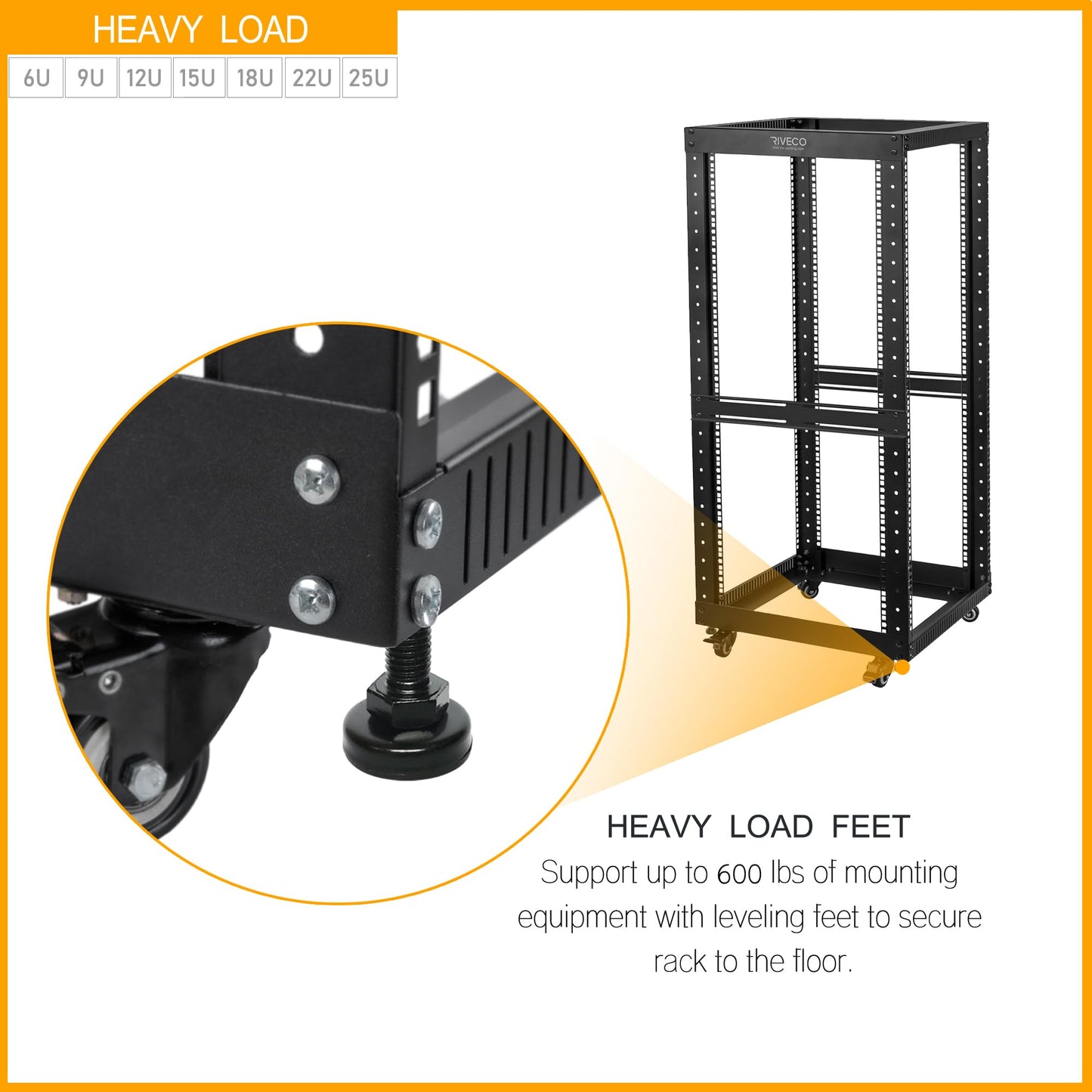 RIVECO 15U Server Rack Floor Standing Open Frame with Wheels- 19-inch 4 Post Quick Assembly AV Rack Network Heavy Duty Durable Black
